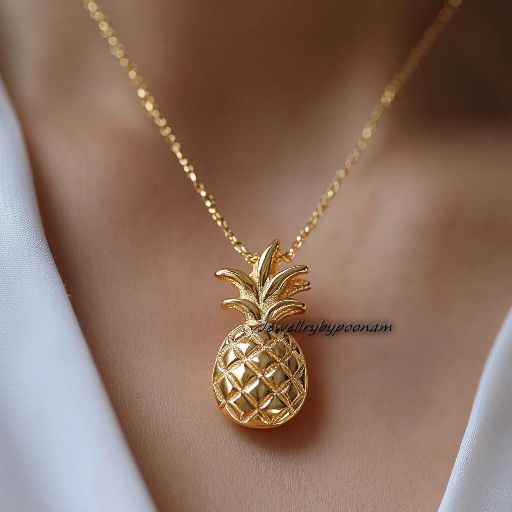 Dainty 14k Gold Pineapple Pendant: Sterling Silver Charm - View 2 - Jewelry By Poonam | SKU: PJM- Dainty 14k Gold Pineapple Pendant: Sterling Silver Charm - View 2 - Jewelry By Poonam | SKU: PJM-