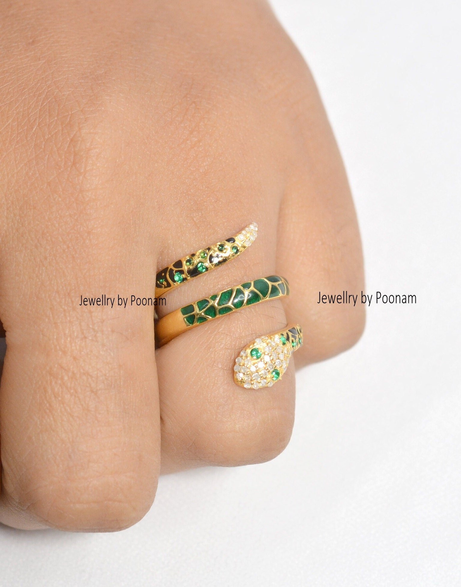 Diamond & Emerald Snake Ring: 925 Silver, Green Enamel - Jewelry By Poonam | SKU: PJR1040- 2/26 Diamond & Emerald Snake Ring: 925 Silver, Green Enamel - Jewelry By Poonam | SKU: PJR1040- 2/26