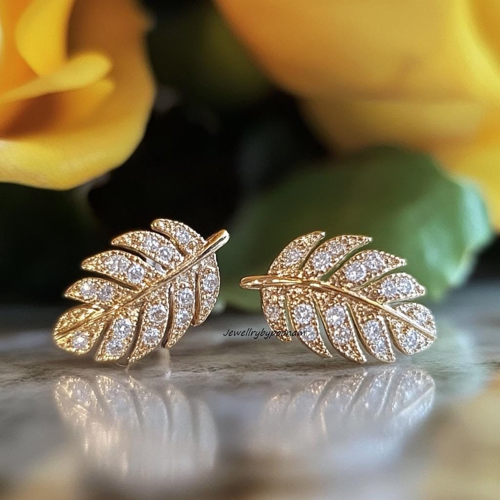 Diamond Leaf Stud Earrings: 925 Silver, Nature Inspired - Jewelry By Poonam | SKU: PJE2006- Diamond Leaf Stud Earrings: 925 Silver, Nature Inspired - Jewelry By Poonam | SKU: PJE2006-