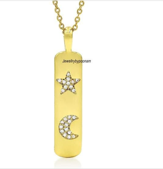 Dog Tag Moon & Star Diamond 925 Sterling Silver Pendant,Dog Tag Silver Diamond Charm, 14k Solid Gold Dog Tag Moon and Star D Dog Tag Moon & Star Diamond 925 Sterling Silver Pendant,Dog Tag Silver Diamond Charm, 14k Solid Gold Dog Tag Moon and Star D