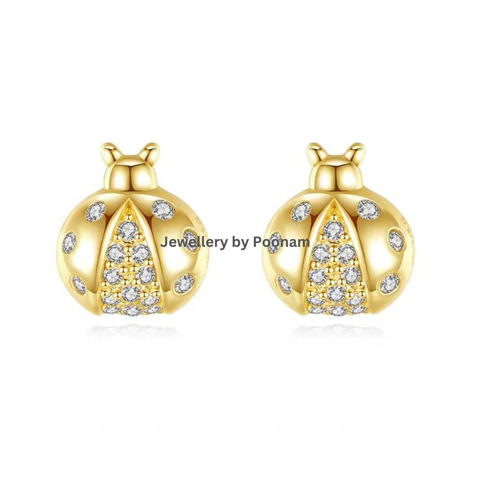 Gold Ladybug Stud Earrings – Moissanite Diamond – 9K / 14K Gold or 925 Silver - Jewelry By Poonam | SKU: E-105 Gold Ladybug Stud Earrings – Moissanite Diamond – 9K / 14K Gold or 925 Silver - Jewelry By Poonam | SKU: E-105