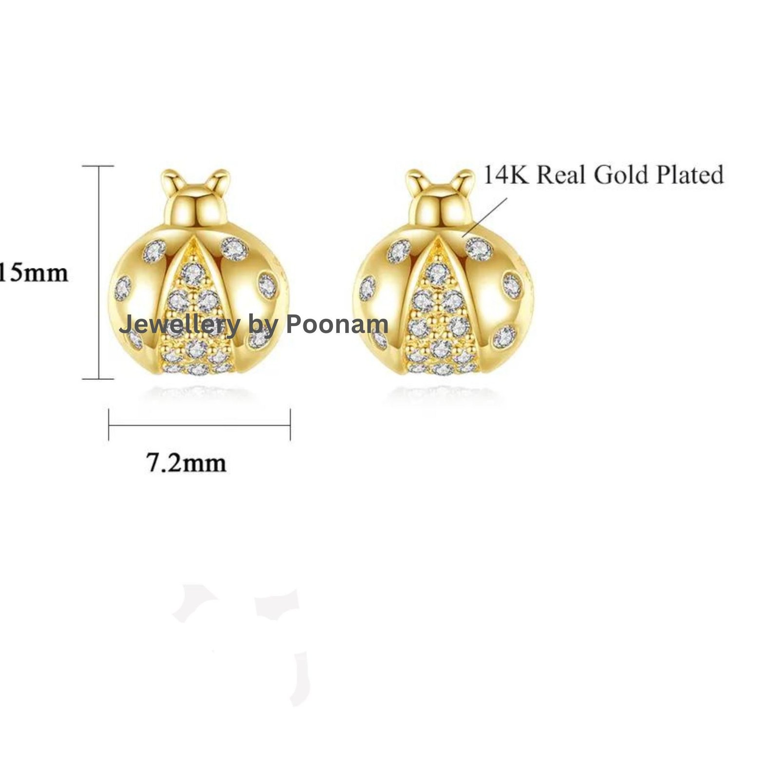 Gold Ladybug Stud Earrings – Moissanite Diamond – 9K / 14K Gold or 925 Silver - View 2 - Jewelry By Poonam | SKU: E-105 Gold Ladybug Stud Earrings – Moissanite Diamond – 9K / 14K Gold or 925 Silver - View 2 - Jewelry By Poonam | SKU: E-105