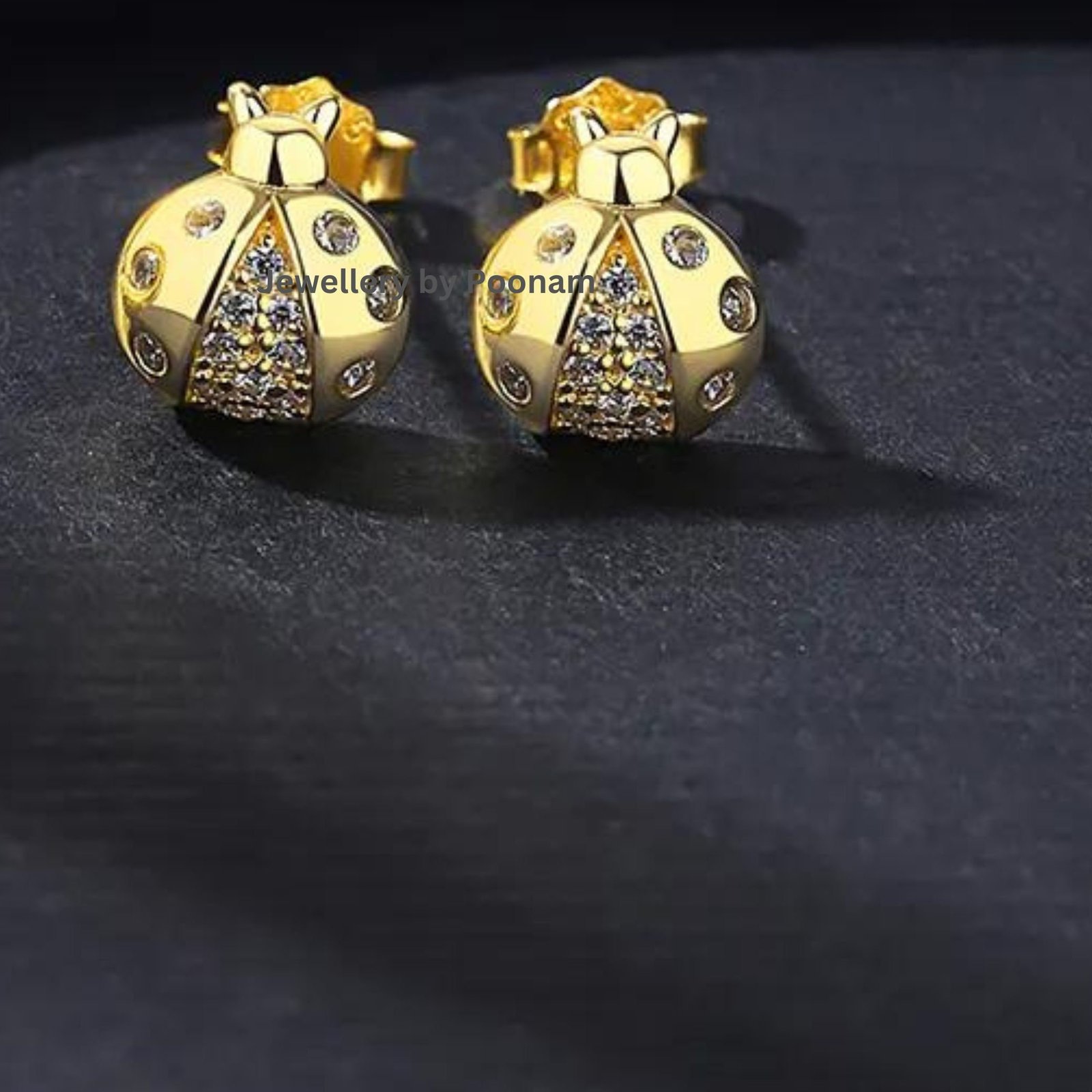 Gold Ladybug Stud Earrings – Moissanite Diamond – 9K / 14K Gold or 925 Silver - View 3 - Jewelry By Poonam | SKU: E-105 Gold Ladybug Stud Earrings – Moissanite Diamond – 9K / 14K Gold or 925 Silver - View 3 - Jewelry By Poonam | SKU: E-105