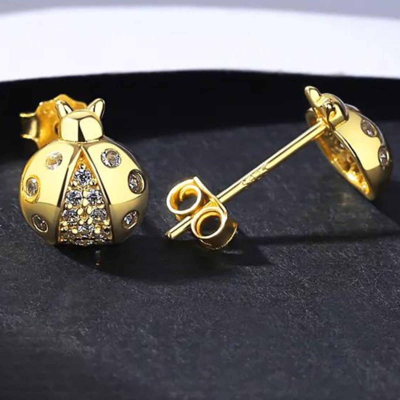 Gold Ladybug Stud Earrings – Moissanite Diamond – 9K / 14K Gold or 925 Silver - View 4 - Jewelry By Poonam | SKU: E-105 Gold Ladybug Stud Earrings – Moissanite Diamond – 9K / 14K Gold or 925 Silver - View 4 - Jewelry By Poonam | SKU: E-105