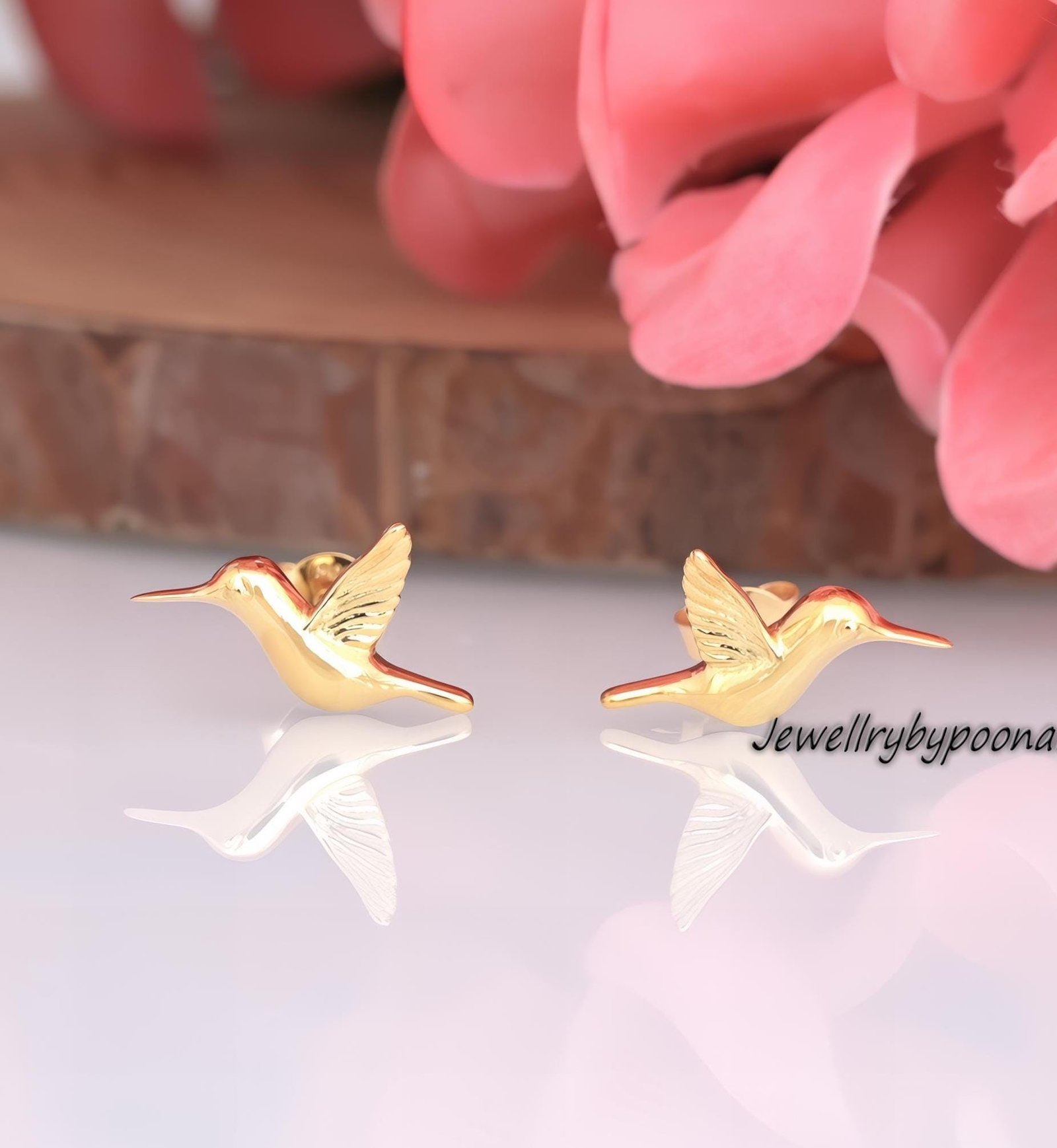 Gold-Plated Hummingbird Stud Earrings, Sterling Silver Dainty Bird Nature Jewelry - Jewelry By Poonam | SKU: PJE1706-SLYG-10M Gold-Plated Hummingbird Stud Earrings, Sterling Silver Dainty Bird Nature Jewelry - Jewelry By Poonam | SKU: PJE1706-SLYG-10M