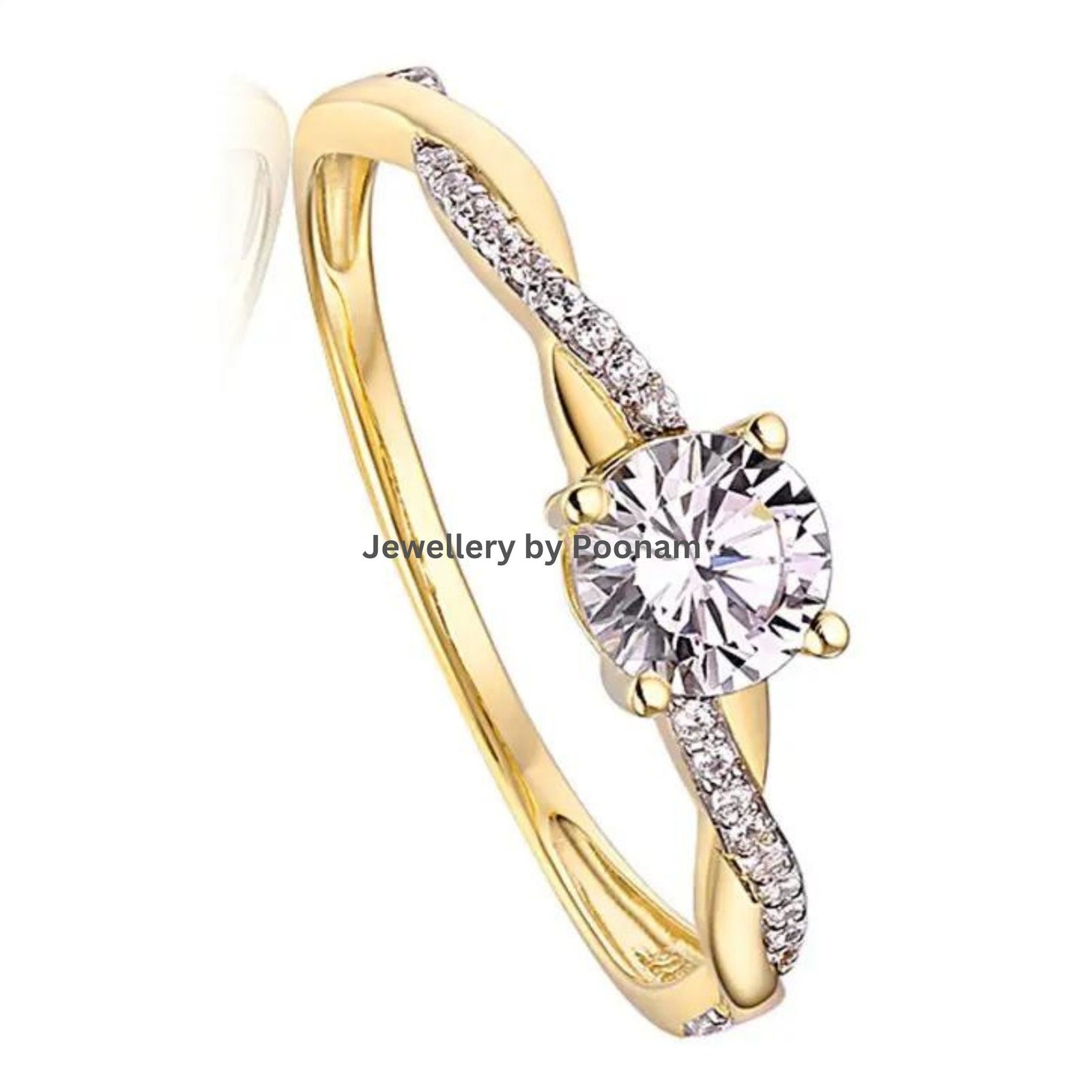 Gold Plated Moissanite Ring, 925 Silver, 14K Gold - Jewelry By Poonam | SKU: R-1065 Gold Plated Moissanite Ring, 925 Silver, 14K Gold - Jewelry By Poonam | SKU: R-1065