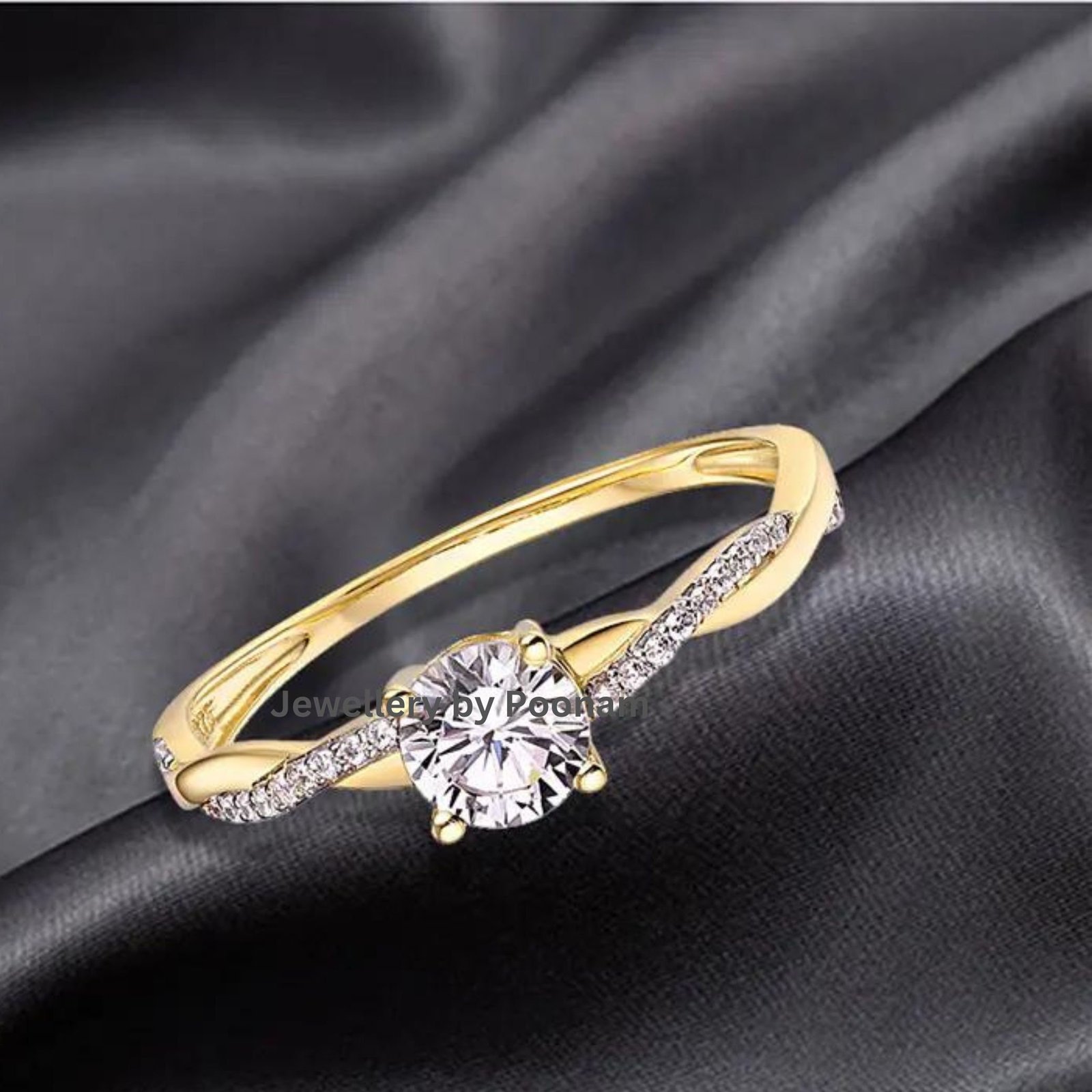 Gold Plated Moissanite Ring, 925 Silver, 14K Gold - View 3 - Jewelry By Poonam | SKU: R-1065 Gold Plated Moissanite Ring, 925 Silver, 14K Gold - View 3 - Jewelry By Poonam | SKU: R-1065