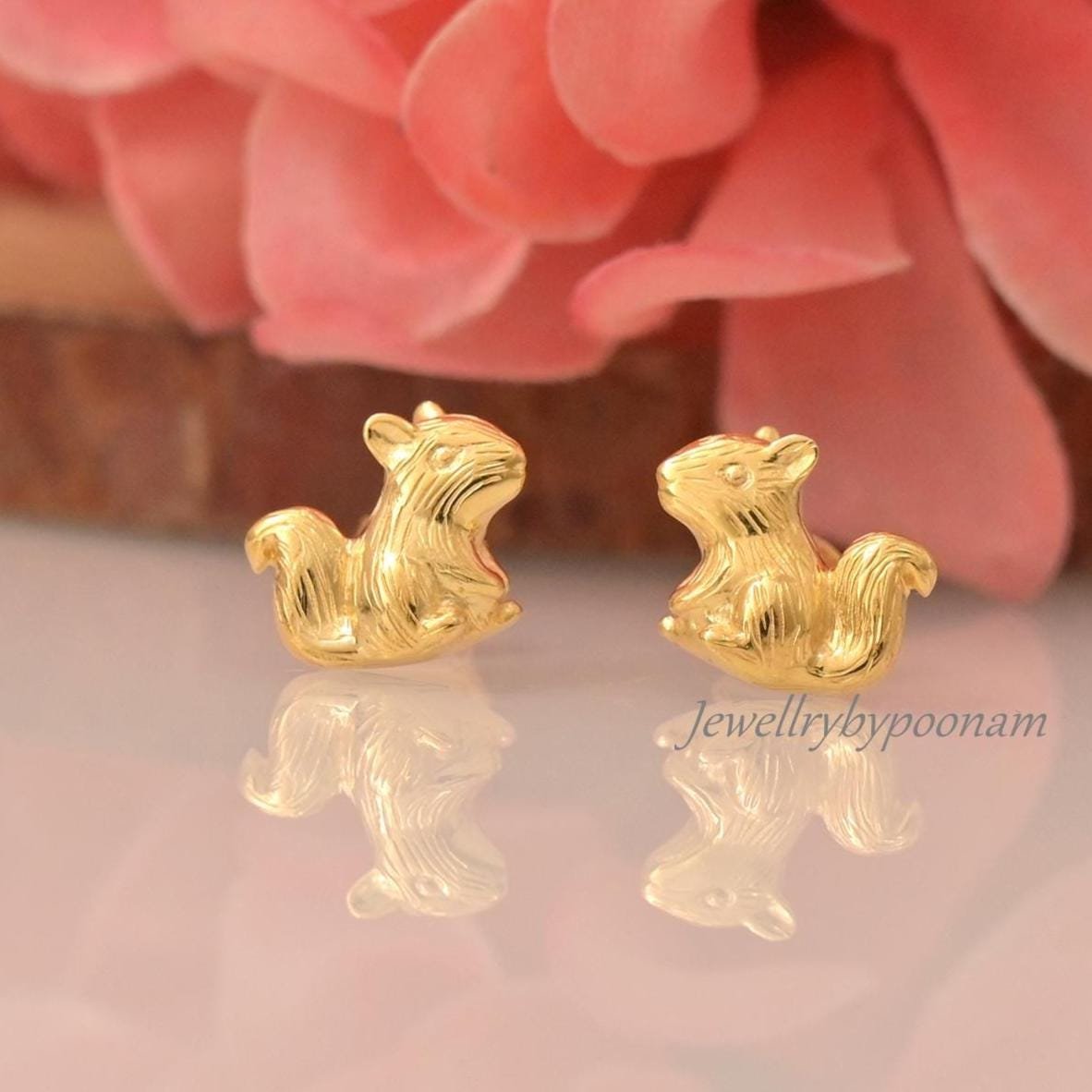 Gold Plated Squirrel Stud Earrings: 925 Silver, Handmade Squirrel Stud Earrings - Jewelry By Poonam | SKU: PJE1804-SLYG-10M 2 Gold Plated Squirrel Stud Earrings: 925 Silver, Handmade Squirrel Stud Earrings - Jewelry By Poonam | SKU: PJE1804-SLYG-10M 2