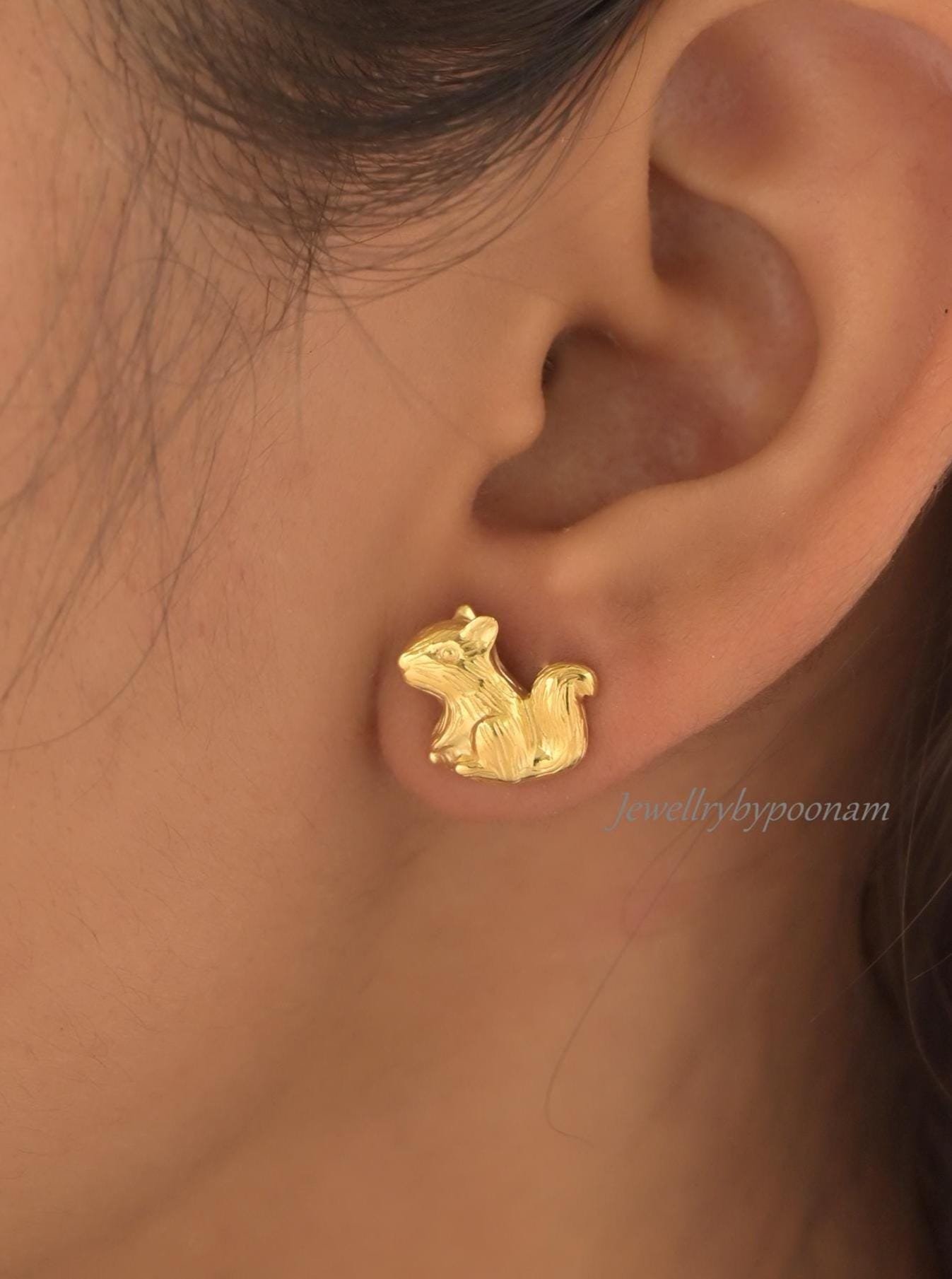 Gold Plated Squirrel Stud Earrings: 925 Silver, Handmade Squirrel Stud Earrings - View 2 - Jewelry By Poonam | SKU: PJE1804-S Gold Plated Squirrel Stud Earrings: 925 Silver, Handmade Squirrel Stud Earrings - View 2 - Jewelry By Poonam | SKU: PJE1804-S