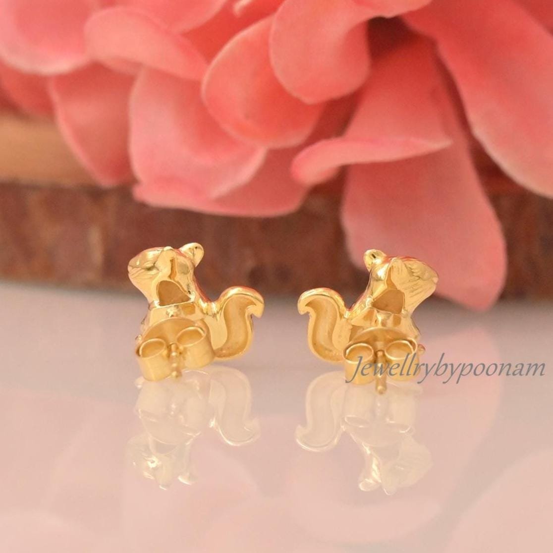 Gold Plated Squirrel Stud Earrings: 925 Silver, Handmade Squirrel Stud Earrings - View 3 - Jewelry By Poonam | SKU: PJE1804-S Gold Plated Squirrel Stud Earrings: 925 Silver, Handmade Squirrel Stud Earrings - View 3 - Jewelry By Poonam | SKU: PJE1804-S