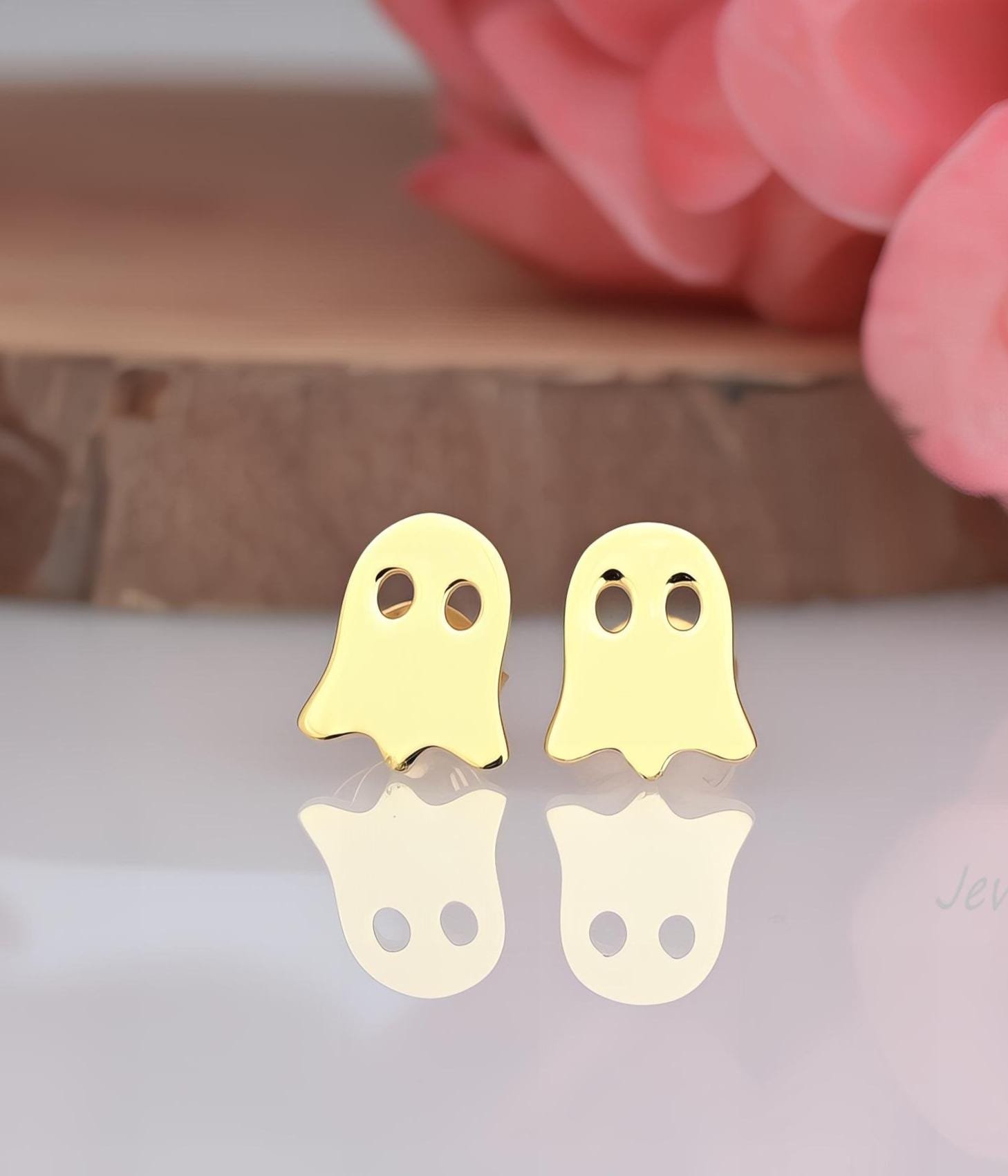 Gold Plated Sterling Silver Ghost Stud Earrings: Halloween Jewelry - Jewelry By Poonam | SKU: PJE1738-SLYG-10M 2/26 Gold Plated Sterling Silver Ghost Stud Earrings: Halloween Jewelry - Jewelry By Poonam | SKU: PJE1738-SLYG-10M 2/26