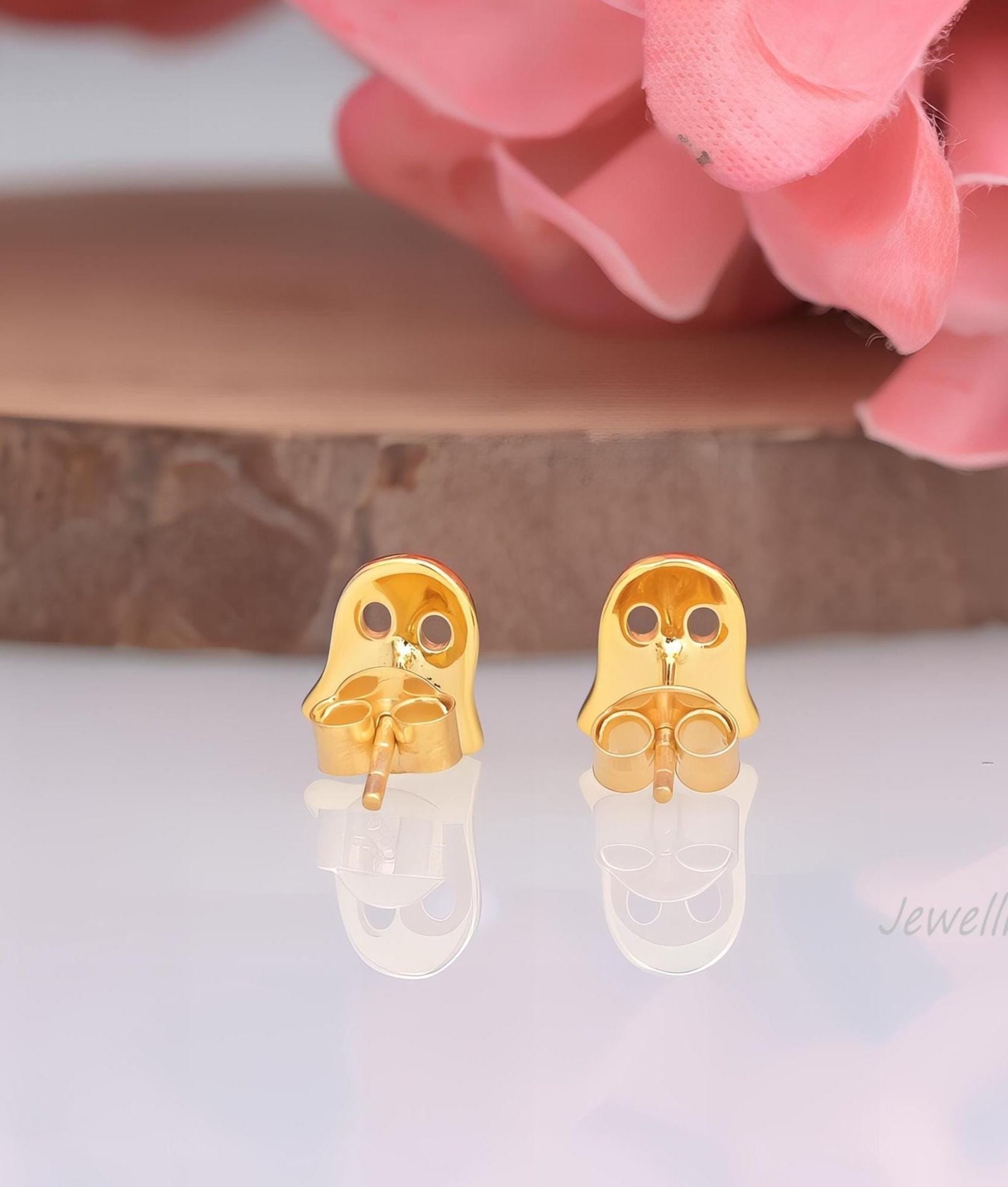 Gold Plated Sterling Silver Ghost Stud Earrings: Halloween Jewelry - View 2 - Jewelry By Poonam | SKU: PJE1738-SLYG-10M 2/26 Gold Plated Sterling Silver Ghost Stud Earrings: Halloween Jewelry - View 2 - Jewelry By Poonam | SKU: PJE1738-SLYG-10M 2/26