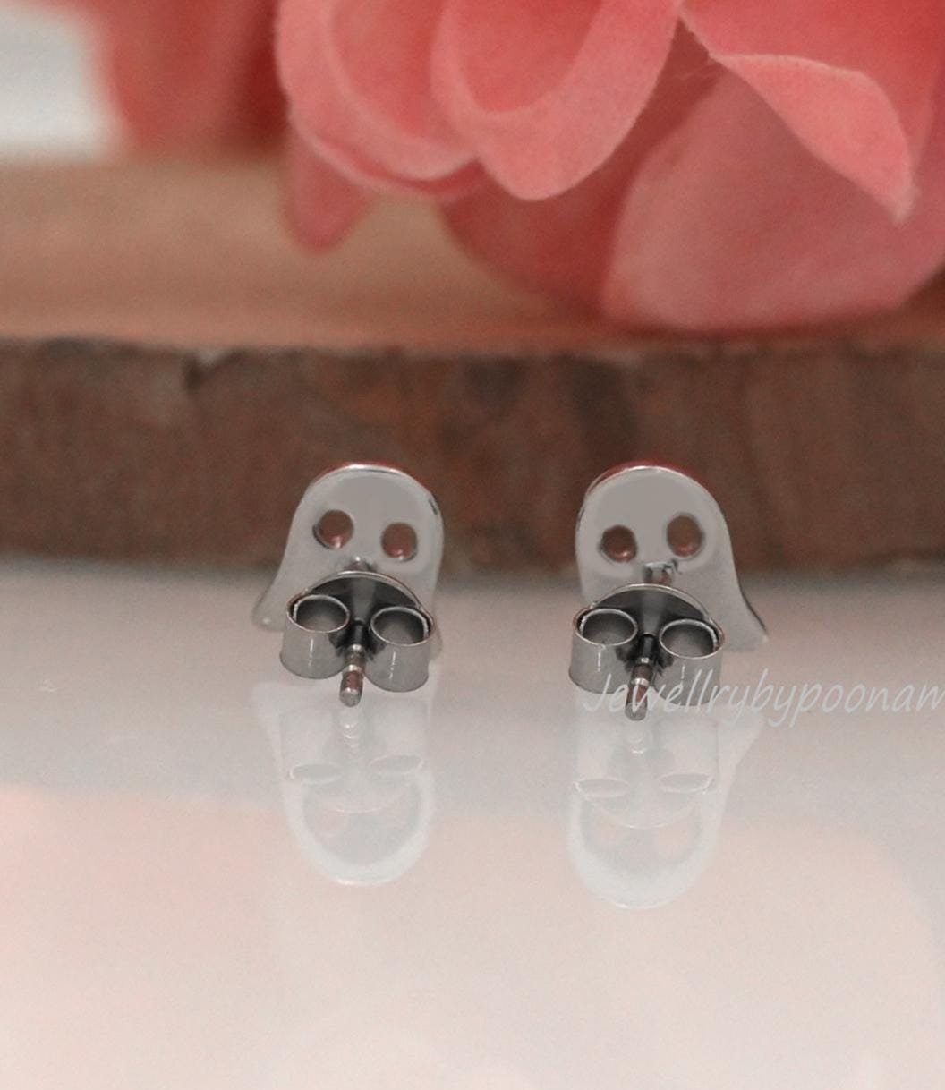 Gold Plated Sterling Silver Ghost Stud Earrings: Halloween Jewelry - View 3 - Jewelry By Poonam | SKU: PJE1738-SLYG-10M 2/26 Gold Plated Sterling Silver Ghost Stud Earrings: Halloween Jewelry - View 3 - Jewelry By Poonam | SKU: PJE1738-SLYG-10M 2/26