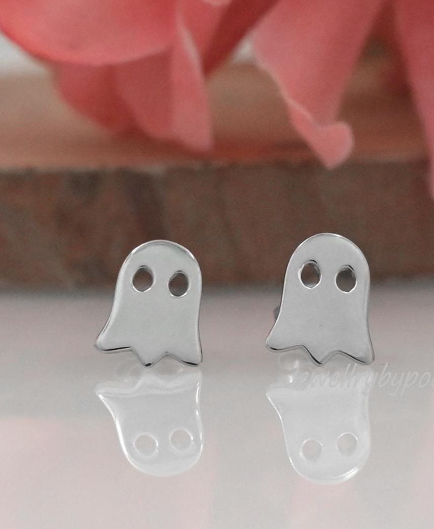 Gold Plated Sterling Silver Ghost Stud Earrings: Halloween Jewelry - View 4 - Jewelry By Poonam | SKU: PJE1738-SLYG-10M 2/26 Gold Plated Sterling Silver Ghost Stud Earrings: Halloween Jewelry - View 4 - Jewelry By Poonam | SKU: PJE1738-SLYG-10M 2/26