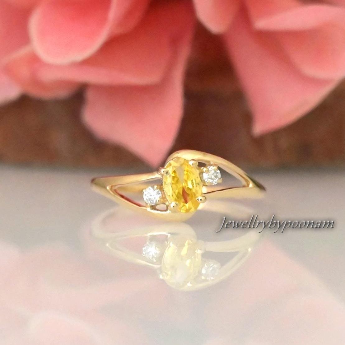 Gold Plated Yellow Topaz Ring: 925 Silver, Moissanite Accents - Jewelry By Poonam | SKU: PJR2964-14KYGYTMN-US-6 Gold Plated Yellow Topaz Ring: 925 Silver, Moissanite Accents - Jewelry By Poonam | SKU: PJR2964-14KYGYTMN-US-6