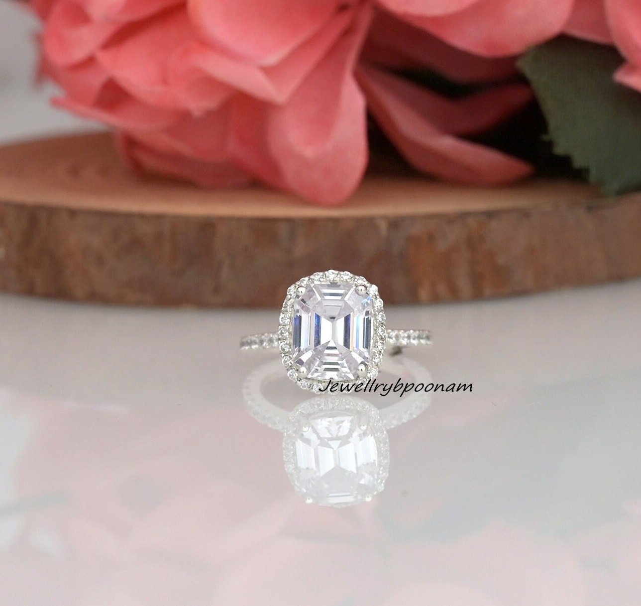 Halo Cushion Cut Sona Simulated Diamond Engagement Ring in Sterling Silver - Affordable Luxury - Jewelry By Poonam | SKU: PJP Halo Cushion Cut Sona Simulated Diamond Engagement Ring in Sterling Silver - Affordable Luxury - Jewelry By Poonam | SKU: PJP