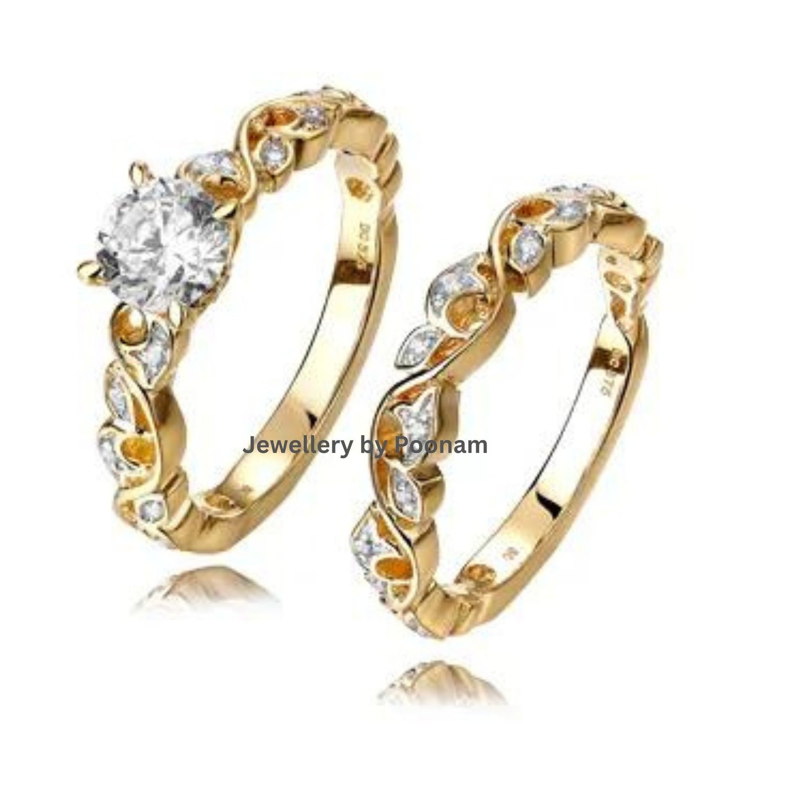 Handmade 925 Gold Plated Moissanite Engagement Ring Set: Anniversary Stackable Band - Jewelry By Poonam | SKU: R-1034 Handmade 925 Gold Plated Moissanite Engagement Ring Set: Anniversary Stackable Band - Jewelry By Poonam | SKU: R-1034