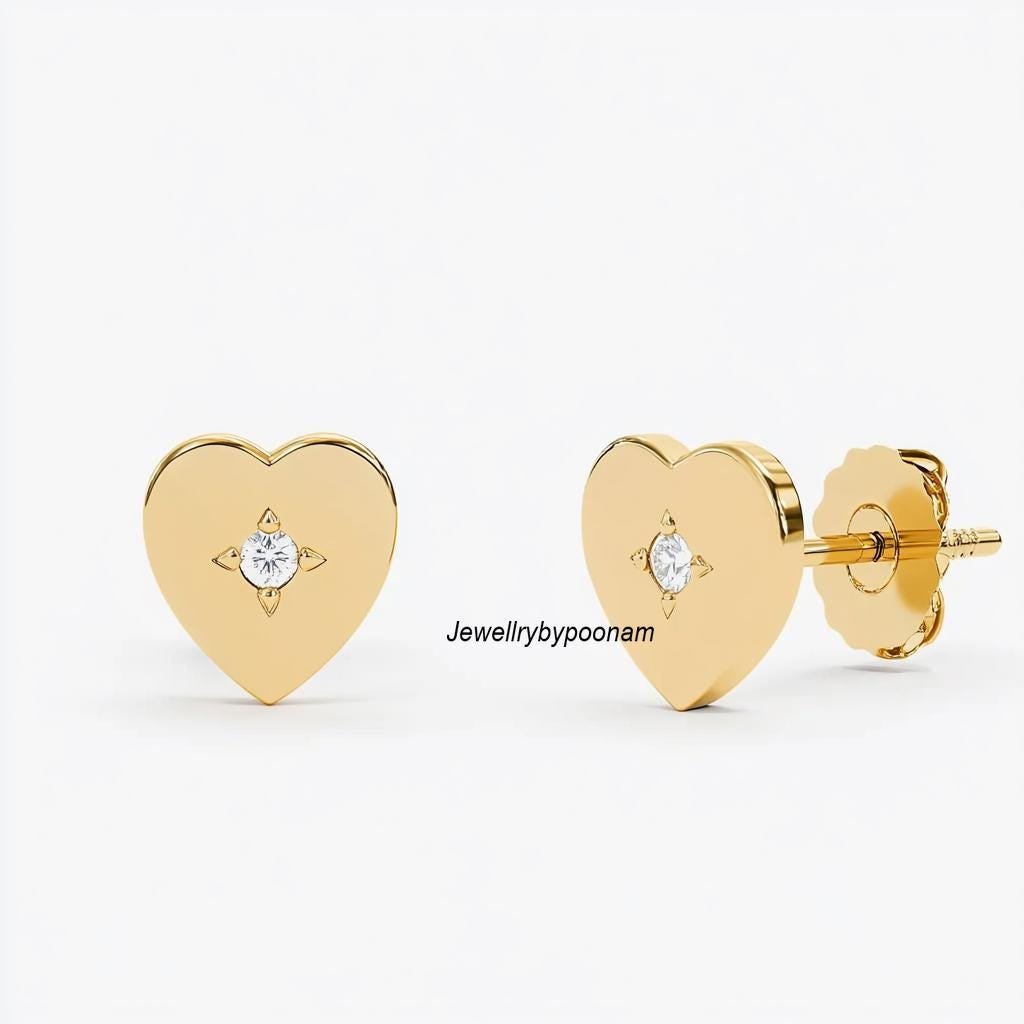 Handmade 925 Silver Heart Studs with Cubic Zirconia — Delicate Earrings - Jewelry By Poonam | SKU: PJE- Handmade 925 Silver Heart Studs with Cubic Zirconia — Delicate Earrings - Jewelry By Poonam | SKU: PJE-