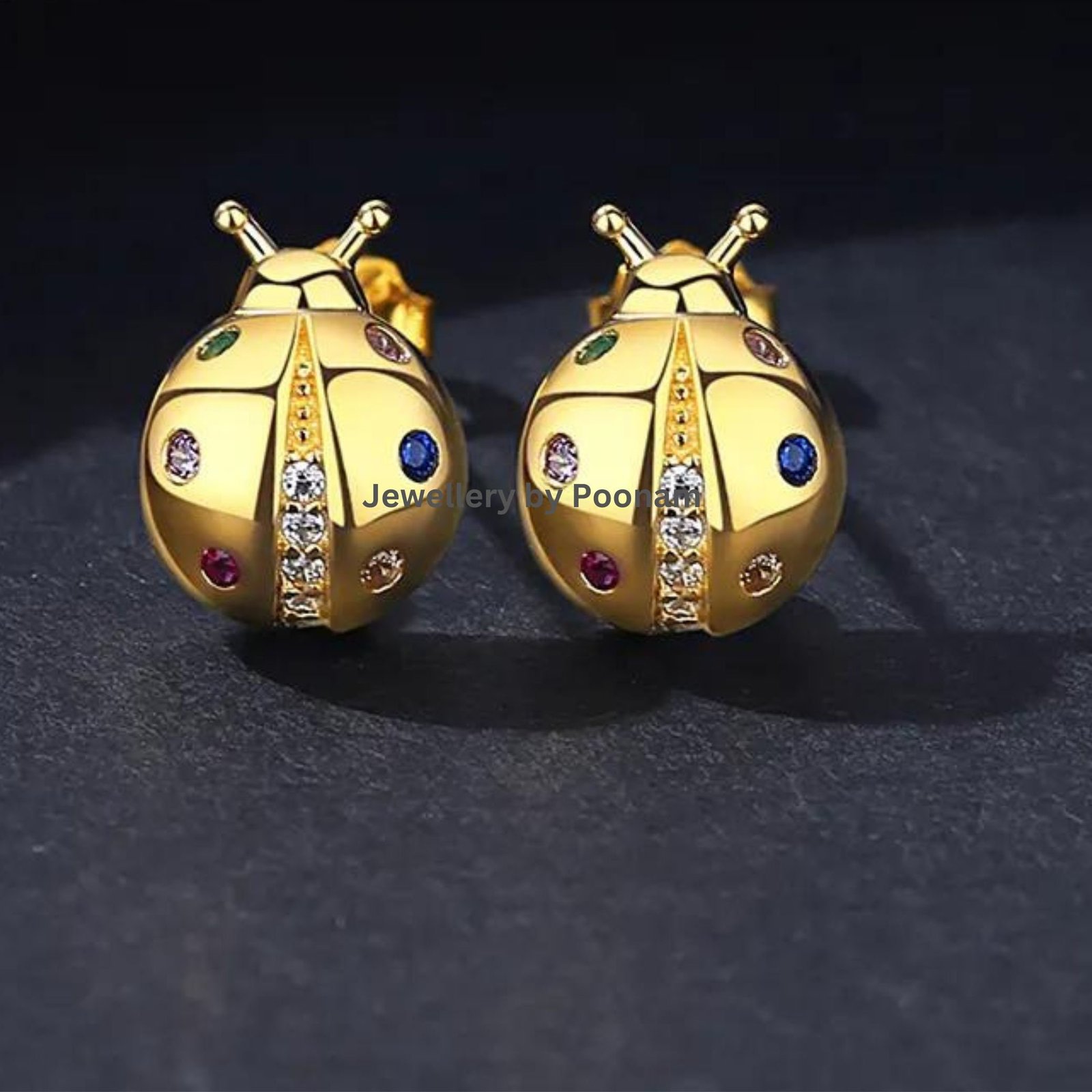 Ladybug Stud Earrings – 9K/14K Gold, Sterling Silver, Multi-Color CZ Animal Jewelry - Jewelry By Poonam | SKU: MJE2523-SLYGCZ Ladybug Stud Earrings – 9K/14K Gold, Sterling Silver, Multi-Color CZ Animal Jewelry - Jewelry By Poonam | SKU: MJE2523-SLYGCZ