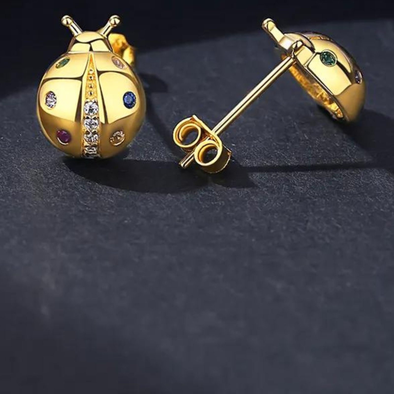 Ladybug Stud Earrings – 9K/14K Gold, Sterling Silver, Multi-Color CZ Animal Jewelry - View 4 - Jewelry By Poonam | SKU: MJE25 Ladybug Stud Earrings – 9K/14K Gold, Sterling Silver, Multi-Color CZ Animal Jewelry - View 4 - Jewelry By Poonam | SKU: MJE25