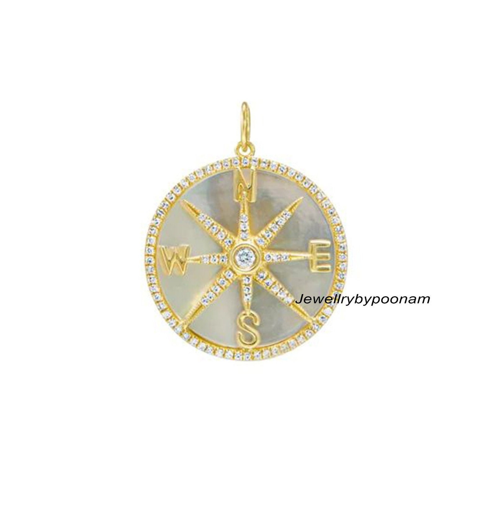 Moissanite Diamond Compass Pendant: 925 Sterling Silver Charm (30 MM) - Jewelry By Poonam | SKU: PJP4822-SLYGMOPMN-25M Moissanite Diamond Compass Pendant: 925 Sterling Silver Charm (30 MM) - Jewelry By Poonam | SKU: PJP4822-SLYGMOPMN-25M