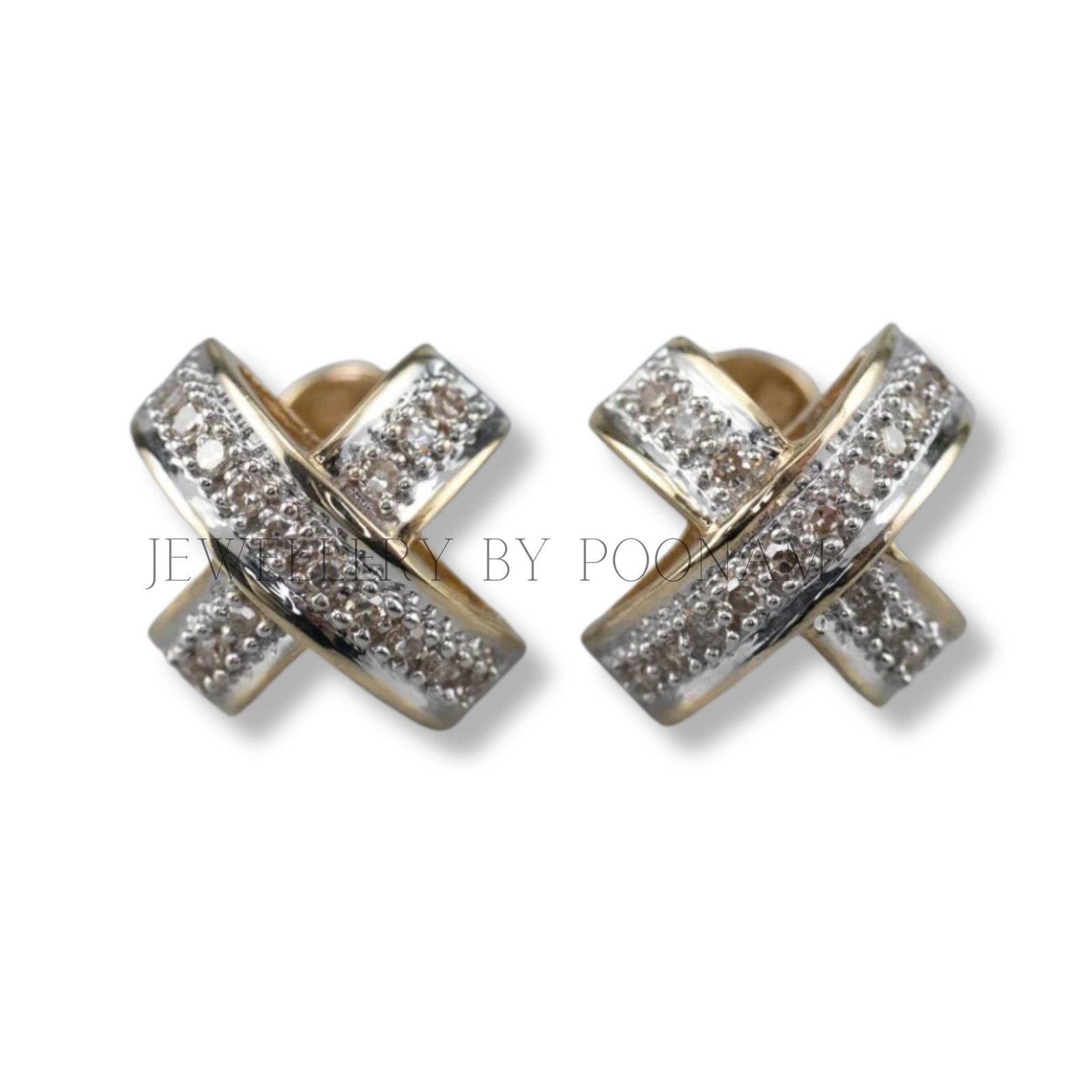 Moissanite Diamond X Stud Earrings: 9K/14K Yellow Gold & 925 Sterling Silver - Jewelry By Poonam | SKU: E-1312 Moissanite Diamond X Stud Earrings: 9K/14K Yellow Gold & 925 Sterling Silver - Jewelry By Poonam | SKU: E-1312