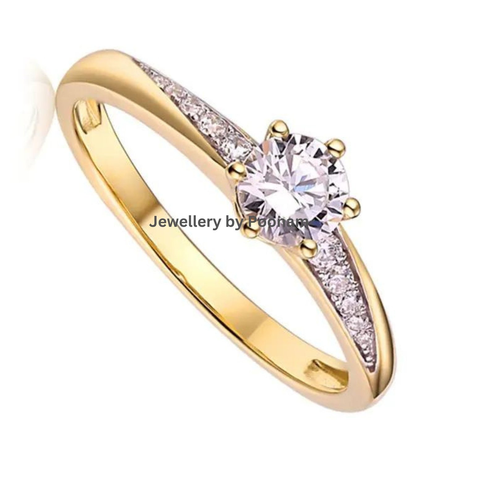Moissanite Diamond Yellow Gold Ring: CZ Accent Wedding Jewelry - Jewelry By Poonam | SKU: R-1035 Moissanite Diamond Yellow Gold Ring: CZ Accent Wedding Jewelry - Jewelry By Poonam | SKU: R-1035