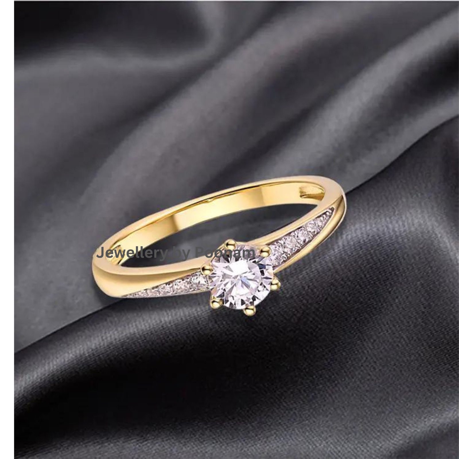 Moissanite Diamond Yellow Gold Ring: CZ Accent Wedding Jewelry - View 2 - Jewelry By Poonam | SKU: R-1035 Moissanite Diamond Yellow Gold Ring: CZ Accent Wedding Jewelry - View 2 - Jewelry By Poonam | SKU: R-1035