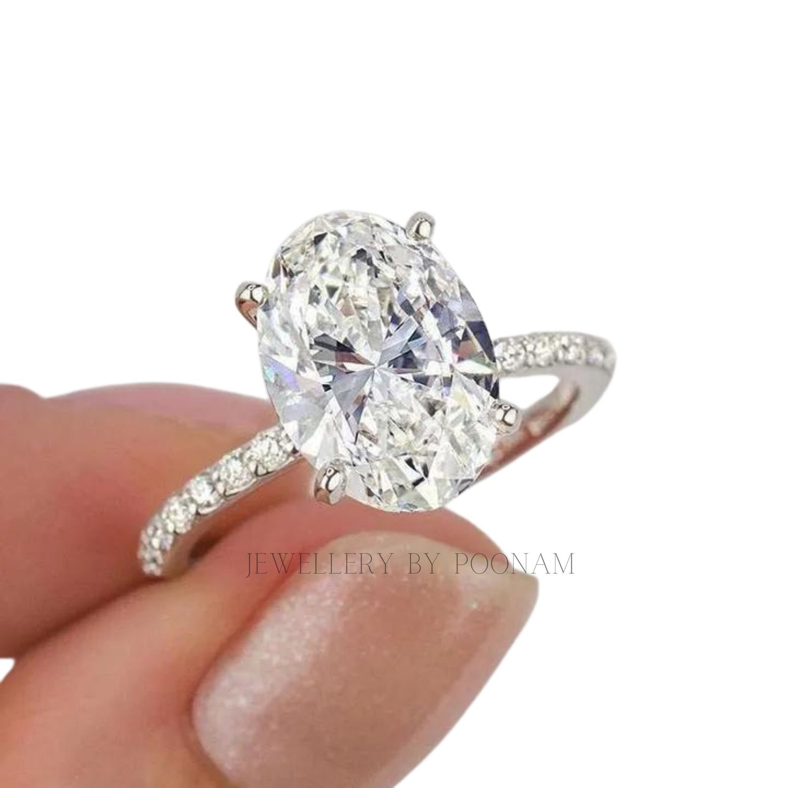 Oval Cut Simulated Diamond Engagement Ring – Sterling Silver White Gold Plated Bridal Ring - View 4 - Jewelry By Poonam | SKU Oval Cut Simulated Diamond Engagement Ring – Sterling Silver White Gold Plated Bridal Ring - View 4 - Jewelry By Poonam | SKU