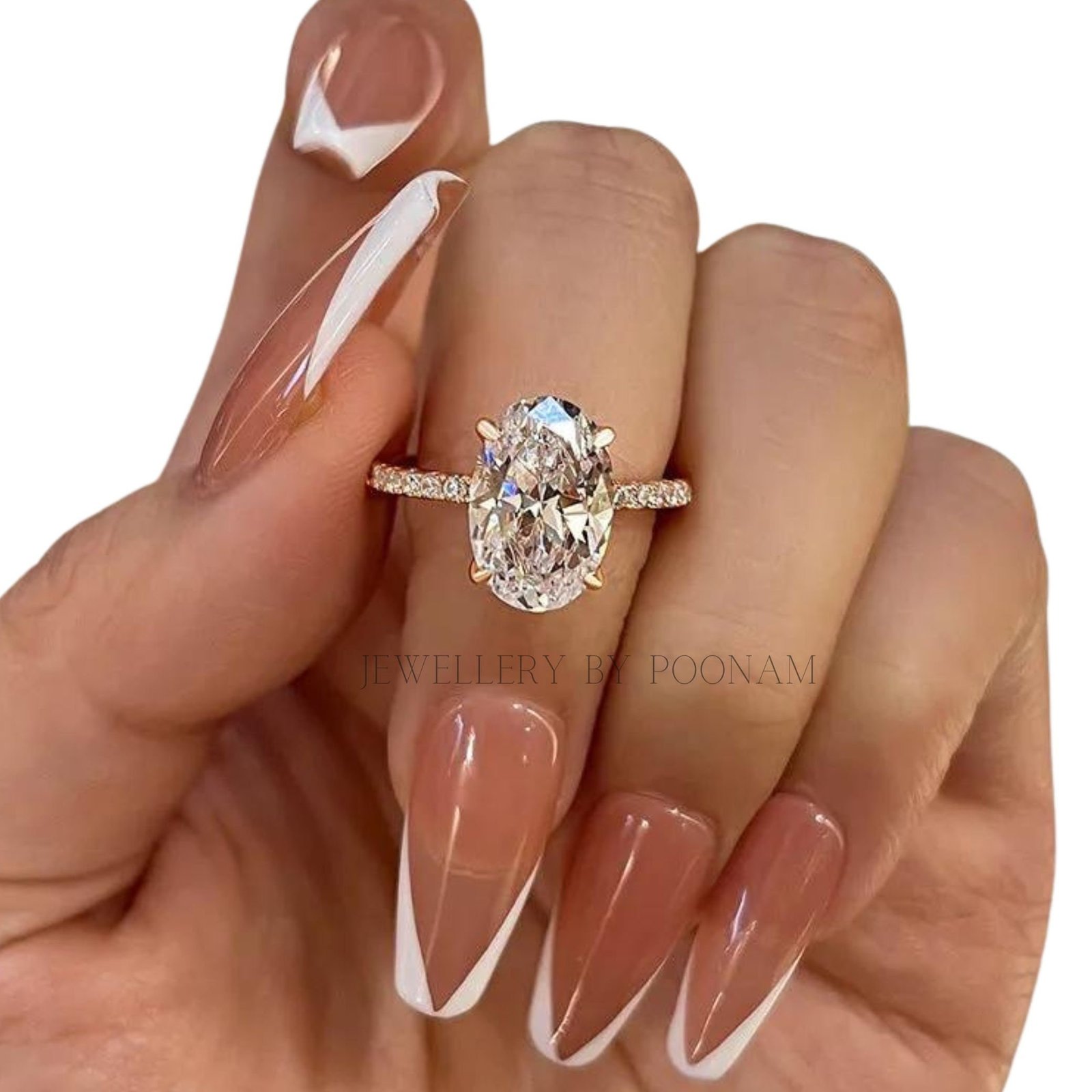 Oval Cut Simulated Diamond Engagement Ring – Sterling Silver White Gold Plated Bridal Ring - View 5 - Jewelry By Poonam | SKU Oval Cut Simulated Diamond Engagement Ring – Sterling Silver White Gold Plated Bridal Ring - View 5 - Jewelry By Poonam | SKU