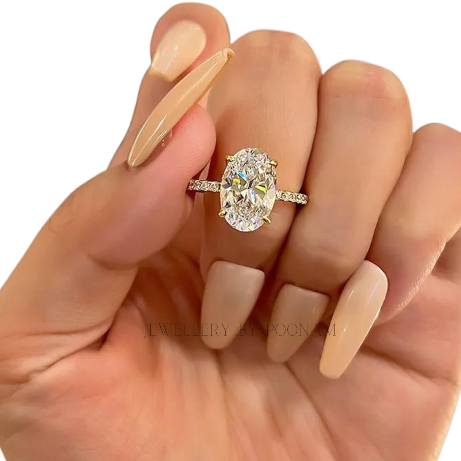 Oval Cut Simulated Diamond Engagement Ring – Sterling Silver White Gold Plated Bridal Ring - View 6 - Jewelry By Poonam | SKU Oval Cut Simulated Diamond Engagement Ring – Sterling Silver White Gold Plated Bridal Ring - View 6 - Jewelry By Poonam | SKU
