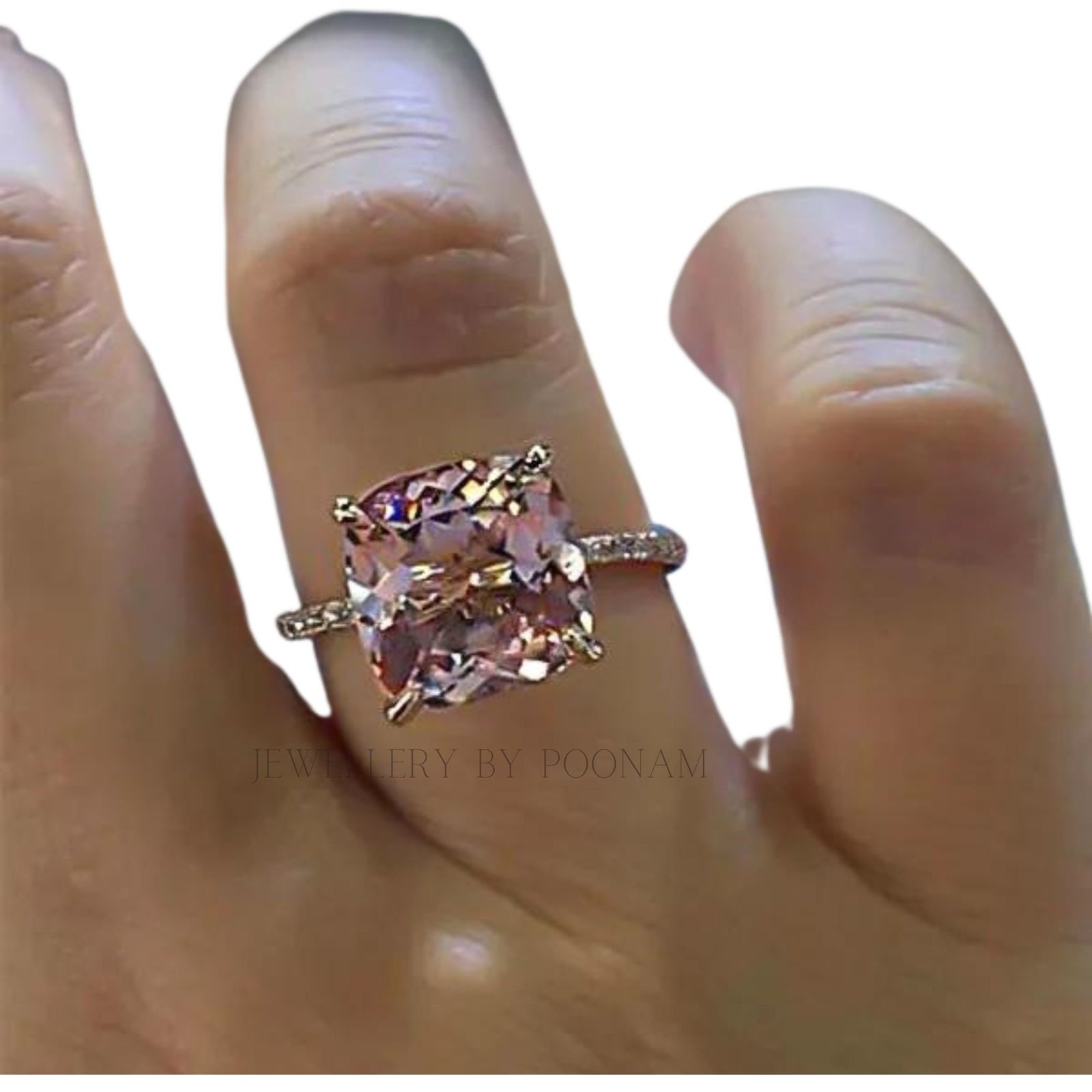 Pink Cushion Cut CZ Ring: Sterling Silver Hidden Halo Engagement Ring - Jewelry By Poonam | SKU: R-1162 Pink Cushion Cut CZ Ring: Sterling Silver Hidden Halo Engagement Ring - Jewelry By Poonam | SKU: R-1162