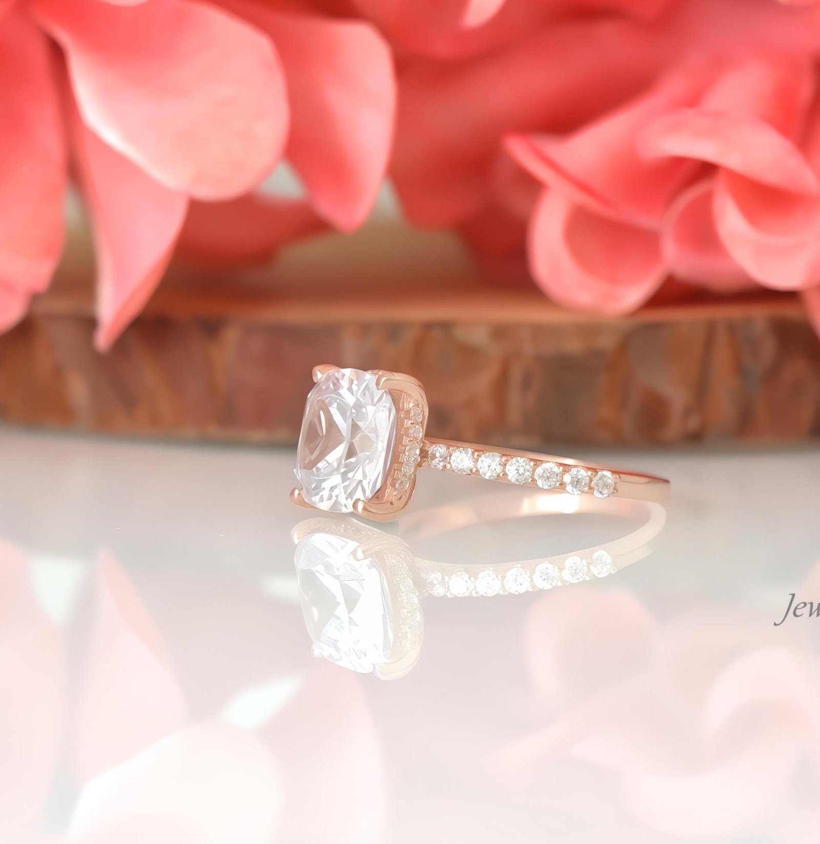 Rose Gold 3.0 Carat Cushion Cut White Sapphire Women's Engagement Ring - Elegant and Timeless - View 2 - Jewelry By Poonam | Rose Gold 3.0 Carat Cushion Cut White Sapphire Women's Engagement Ring - Elegant and Timeless - View 2 - Jewelry By Poonam |