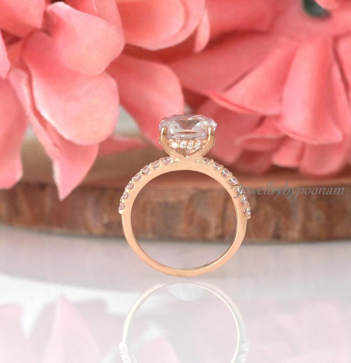 Rose Gold 3.0 Carat Cushion Cut White Sapphire Women's Engagement Ring - Elegant and Timeless - View 3 - Jewelry By Poonam | Rose Gold 3.0 Carat Cushion Cut White Sapphire Women's Engagement Ring - Elegant and Timeless - View 3 - Jewelry By Poonam |
