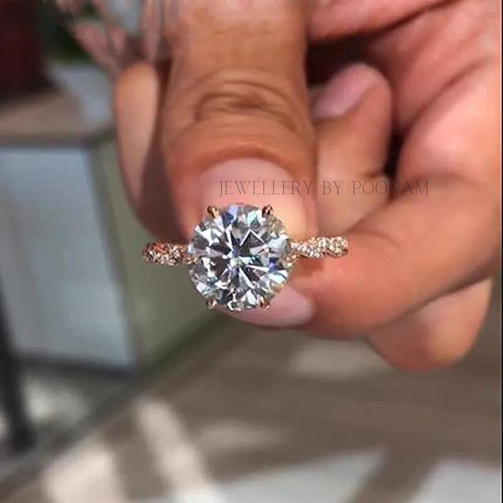 Rose Gold Twist Hidden Halo Round Cut Engagement Ring | Sterling Silver - Jewelry By Poonam | SKU: R-1188 Rose Gold Twist Hidden Halo Round Cut Engagement Ring | Sterling Silver - Jewelry By Poonam | SKU: R-1188