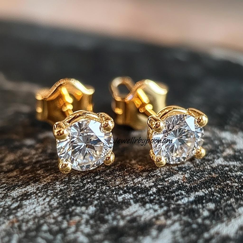 Round Brilliant Moissanite Stud Earrings in 925 Sterling Silver — 10 mm - Jewelry By Poonam | SKU: PJE- Round Brilliant Moissanite Stud Earrings in 925 Sterling Silver — 10 mm - Jewelry By Poonam | SKU: PJE-
