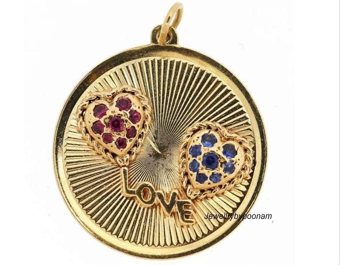 Ruby & Sapphire Heart Charm Pendant: 14k Gold Plated Sterling Silver - View 2 - Jewelry By Poonam | SKU: PJP- Ruby & Sapphire Heart Charm Pendant: 14k Gold Plated Sterling Silver - View 2 - Jewelry By Poonam | SKU: PJP-