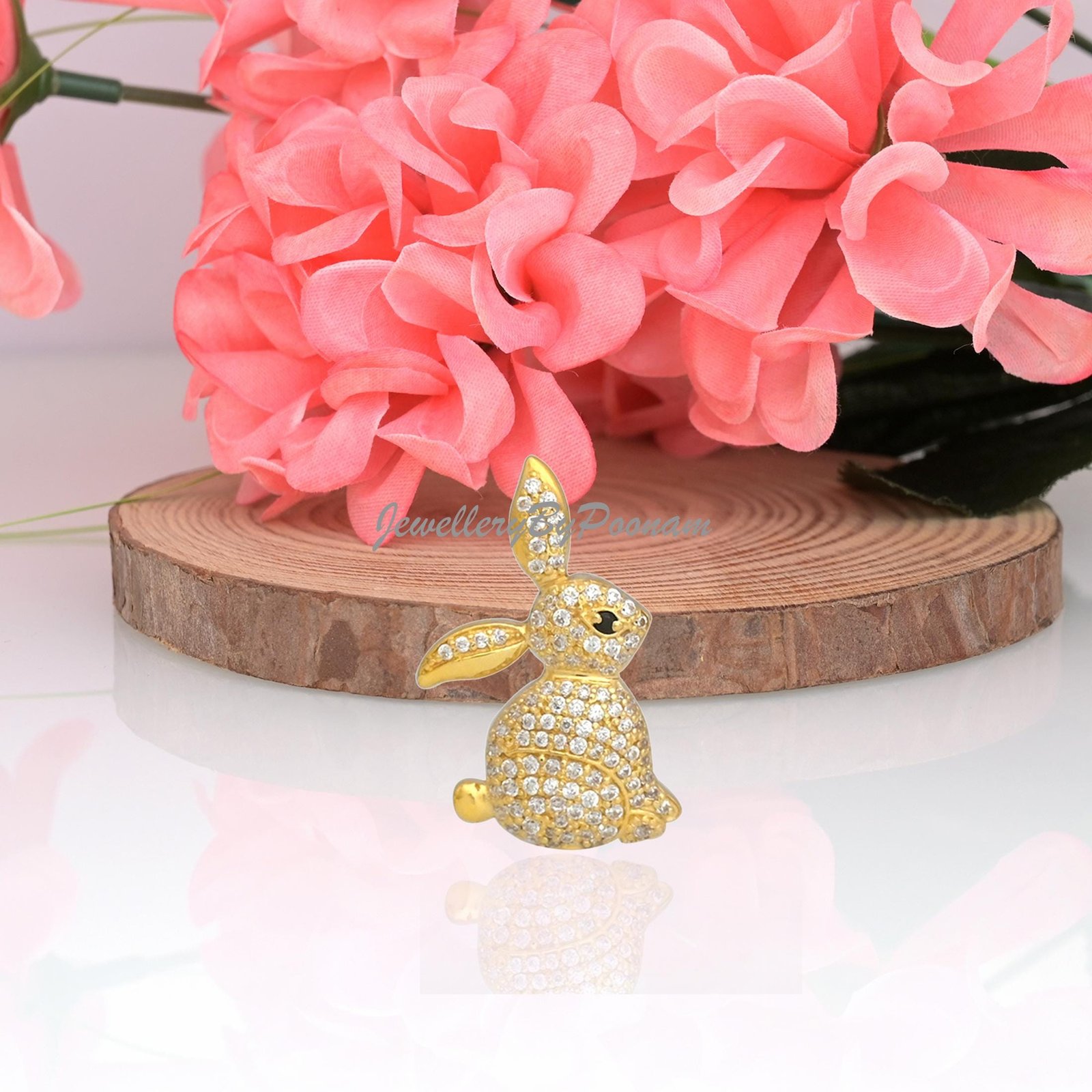 Solid 9K/14K Gold Bunny Pendant with CZ Diamonds, Black Spinel Eye - Jewelry By Poonam | SKU: PJP3490-SLYGCZBS-25M 2/26 Solid 9K/14K Gold Bunny Pendant with CZ Diamonds, Black Spinel Eye - Jewelry By Poonam | SKU: PJP3490-SLYGCZBS-25M 2/26