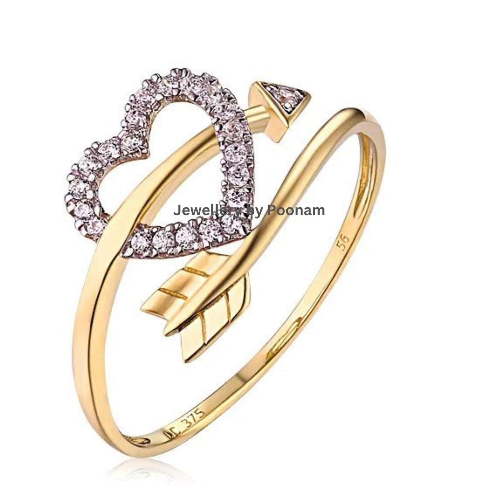 Sterling Silver Arrow Heart CZ Ring - 14K Gold Plated - Moissanite Accent - Jewelry By Poonam | SKU: R-1060 Sterling Silver Arrow Heart CZ Ring - 14K Gold Plated - Moissanite Accent - Jewelry By Poonam | SKU: R-1060