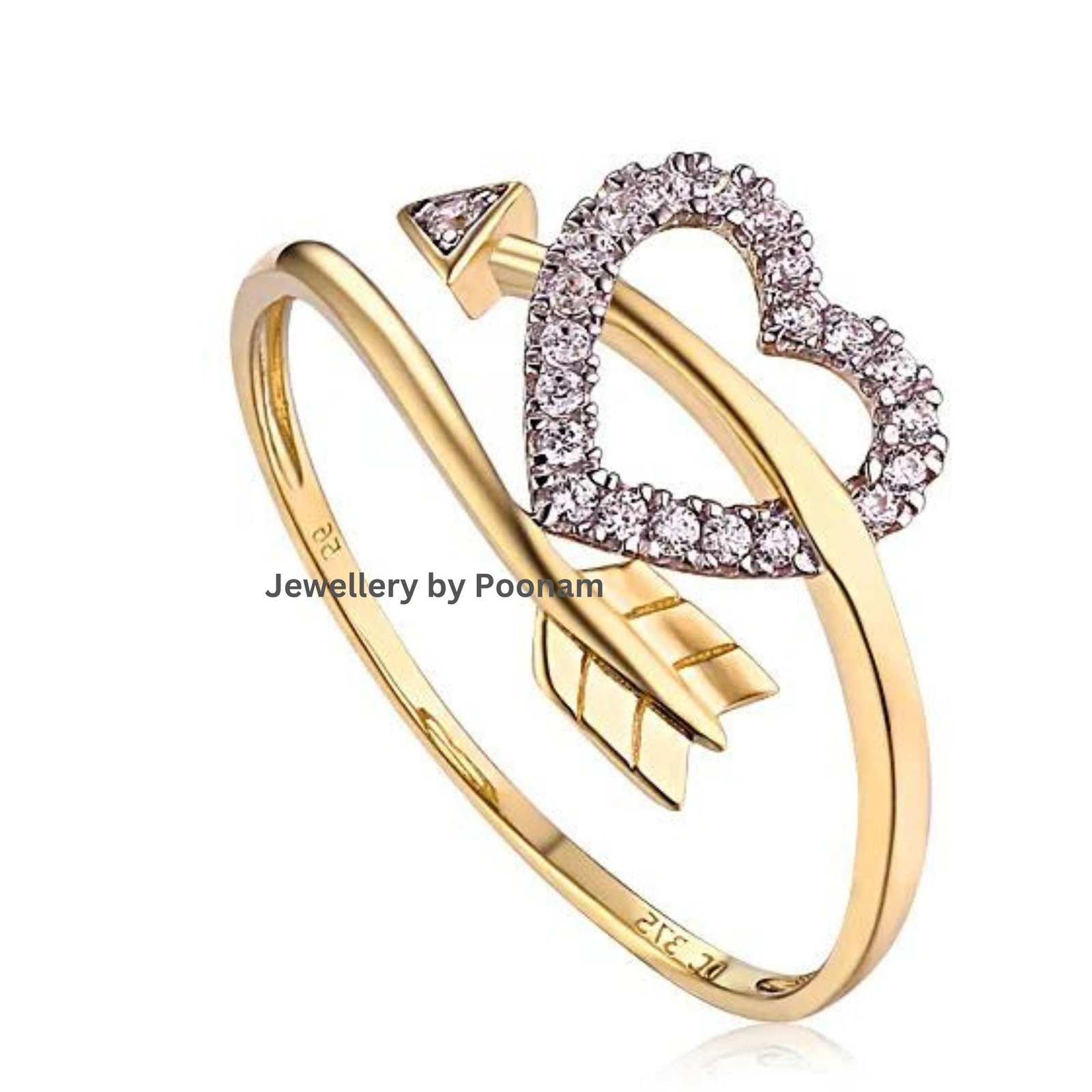 Sterling Silver Arrow Heart CZ Ring - 14K Gold Plated - Moissanite Accent - View 2 - Jewelry By Poonam | SKU: R-1060 Sterling Silver Arrow Heart CZ Ring - 14K Gold Plated - Moissanite Accent - View 2 - Jewelry By Poonam | SKU: R-1060