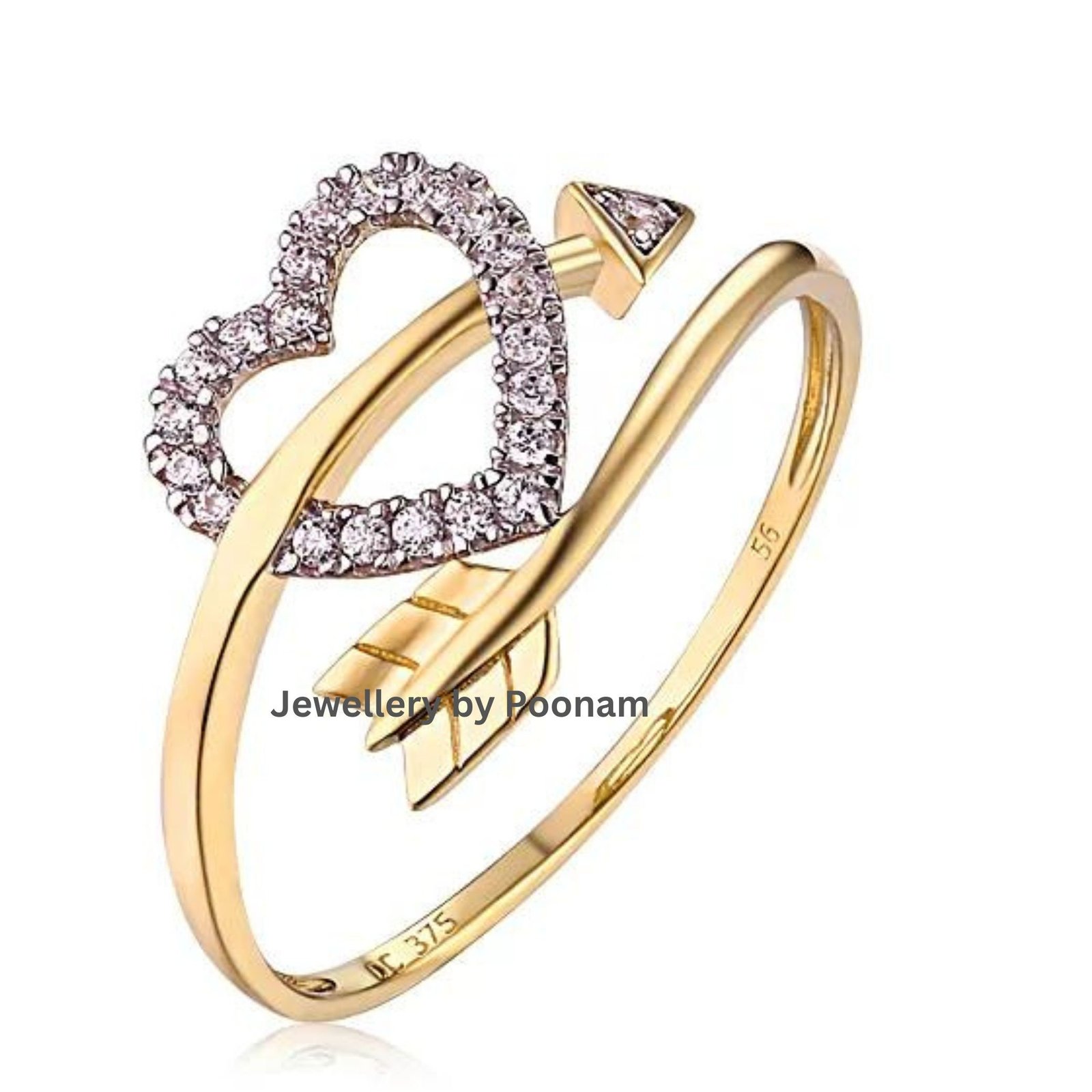 Sterling Silver Arrow Heart CZ Ring - 14K Gold Plated - Moissanite Accent - View 3 - Jewelry By Poonam | SKU: R-1060 Sterling Silver Arrow Heart CZ Ring - 14K Gold Plated - Moissanite Accent - View 3 - Jewelry By Poonam | SKU: R-1060