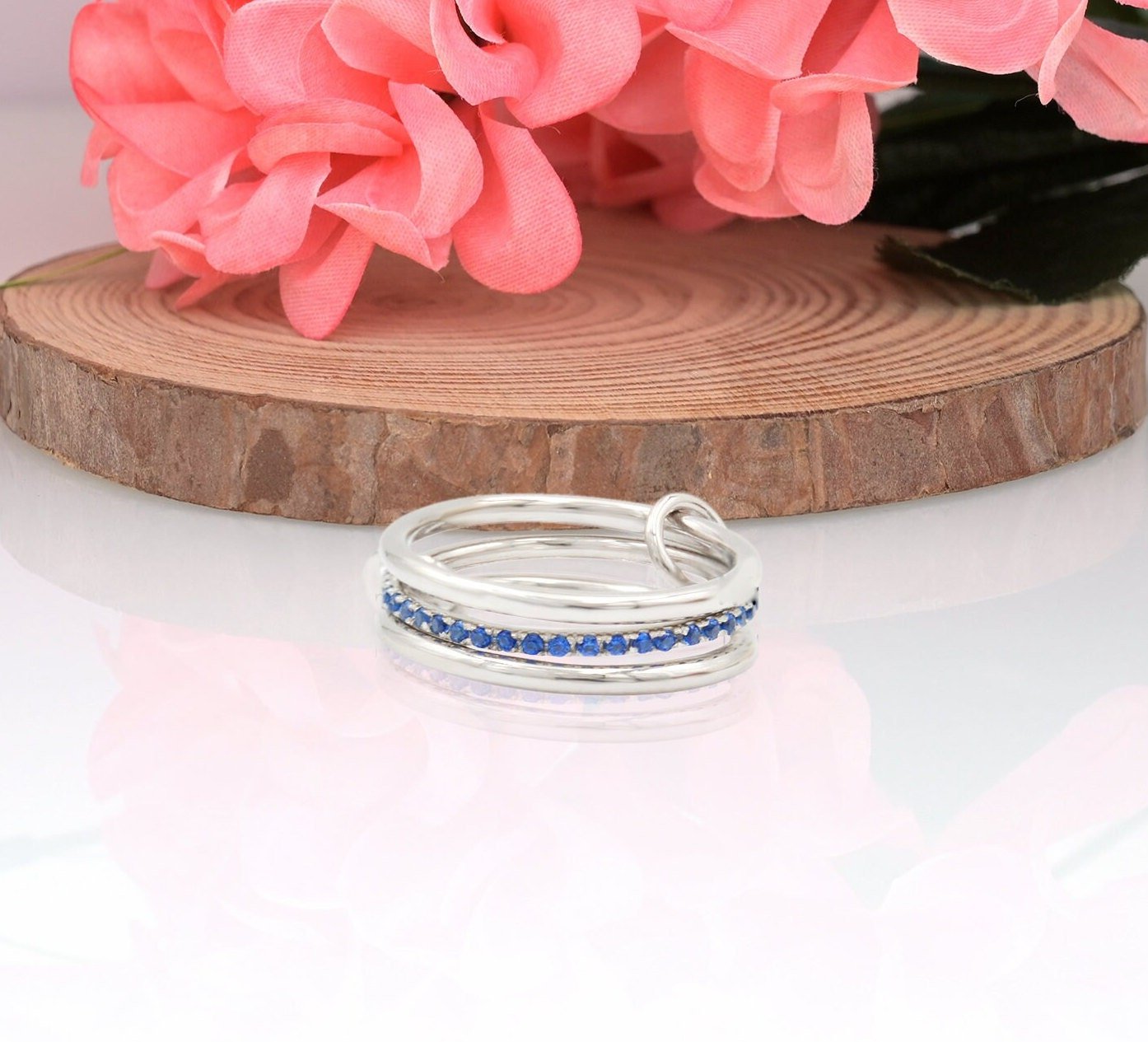 Sterling Silver Blue Sapphire Multi Band Ring, Linked Stacking Rings - Jewelry By Poonam | SKU: PJR15- 2/26 Sterling Silver Blue Sapphire Multi Band Ring, Linked Stacking Rings - Jewelry By Poonam | SKU: PJR15- 2/26