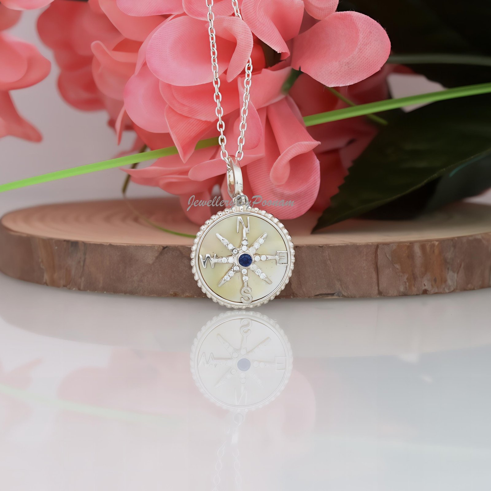 Sterling Silver Compass Pendant: Mother of Pearl, Blue CZ Diamond Charm - Jewelry By Poonam | SKU: PJP3200-SLNSMOPCZBCZ-30M 2 Sterling Silver Compass Pendant: Mother of Pearl, Blue CZ Diamond Charm - Jewelry By Poonam | SKU: PJP3200-SLNSMOPCZBCZ-30M 2