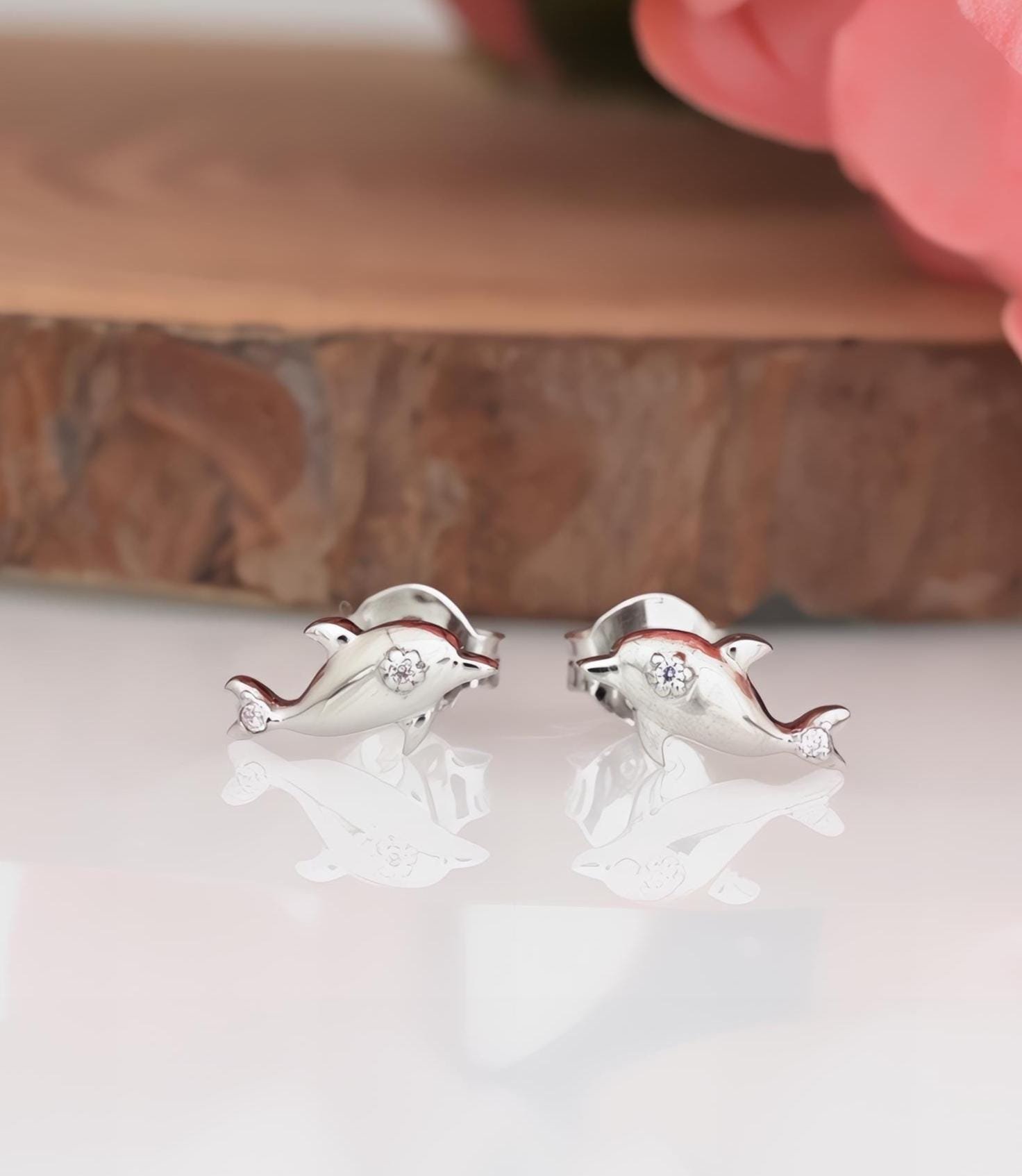Sterling Silver Dolphin Stud Earrings with CZ: Dainty Animal Studs - View 2 - Jewelry By Poonam | SKU: PJE1683-SLYGBCZ-10M 2/ Sterling Silver Dolphin Stud Earrings with CZ: Dainty Animal Studs - View 2 - Jewelry By Poonam | SKU: PJE1683-SLYGBCZ-10M 2/