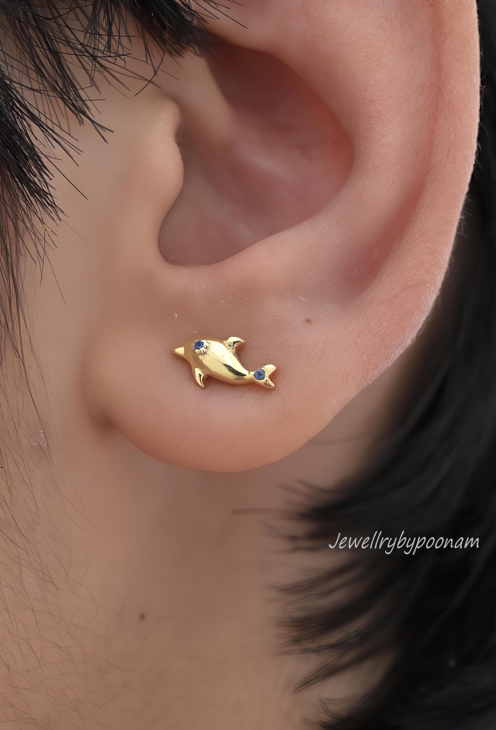 Sterling Silver Dolphin Stud Earrings with CZ: Dainty Animal Studs - View 3 - Jewelry By Poonam | SKU: PJE1683-SLYGBCZ-10M 2/ Sterling Silver Dolphin Stud Earrings with CZ: Dainty Animal Studs - View 3 - Jewelry By Poonam | SKU: PJE1683-SLYGBCZ-10M 2/