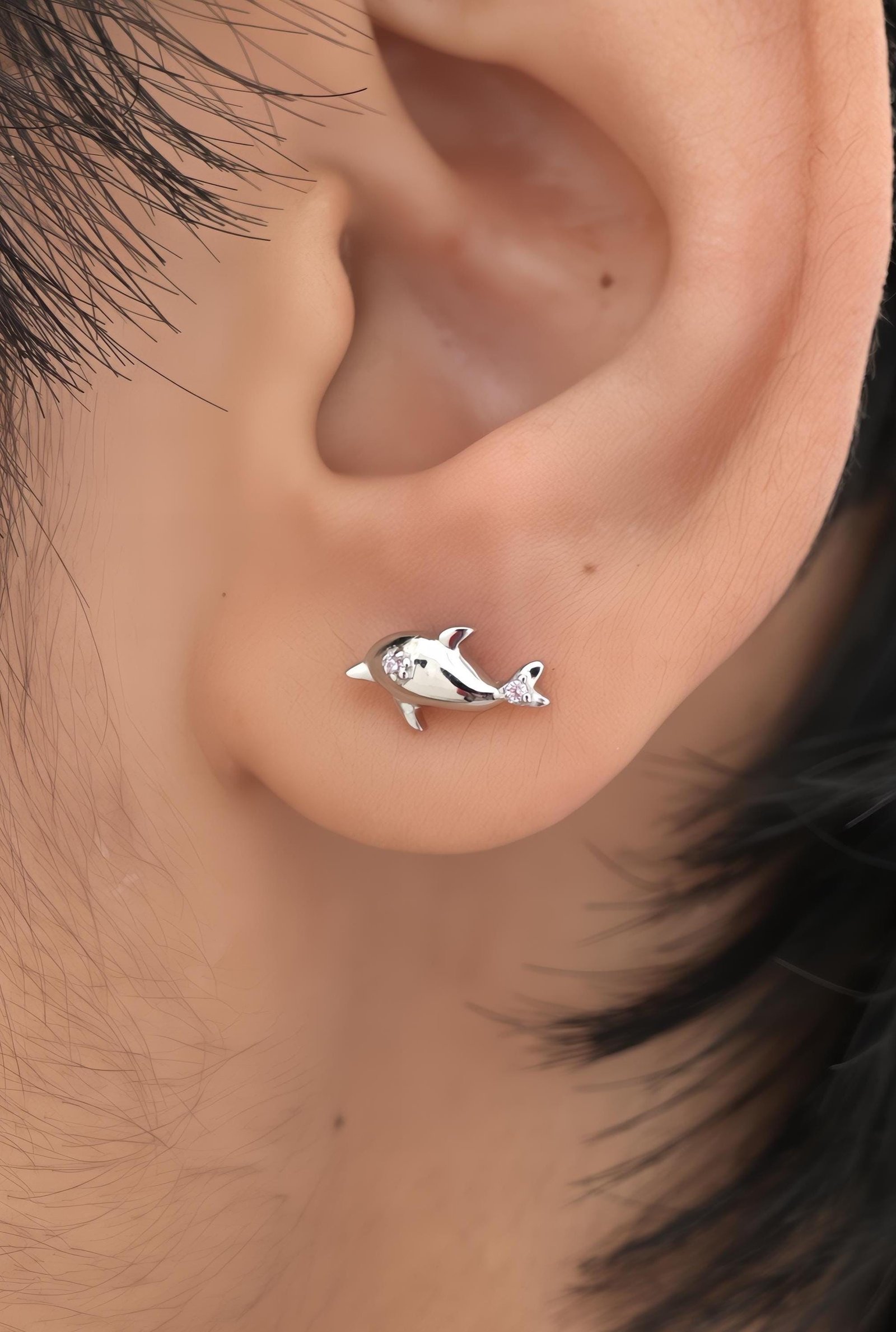 Sterling Silver Dolphin Stud Earrings with CZ: Dainty Animal Studs - View 4 - Jewelry By Poonam | SKU: PJE1683-SLYGBCZ-10M 2/ Sterling Silver Dolphin Stud Earrings with CZ: Dainty Animal Studs - View 4 - Jewelry By Poonam | SKU: PJE1683-SLYGBCZ-10M 2/