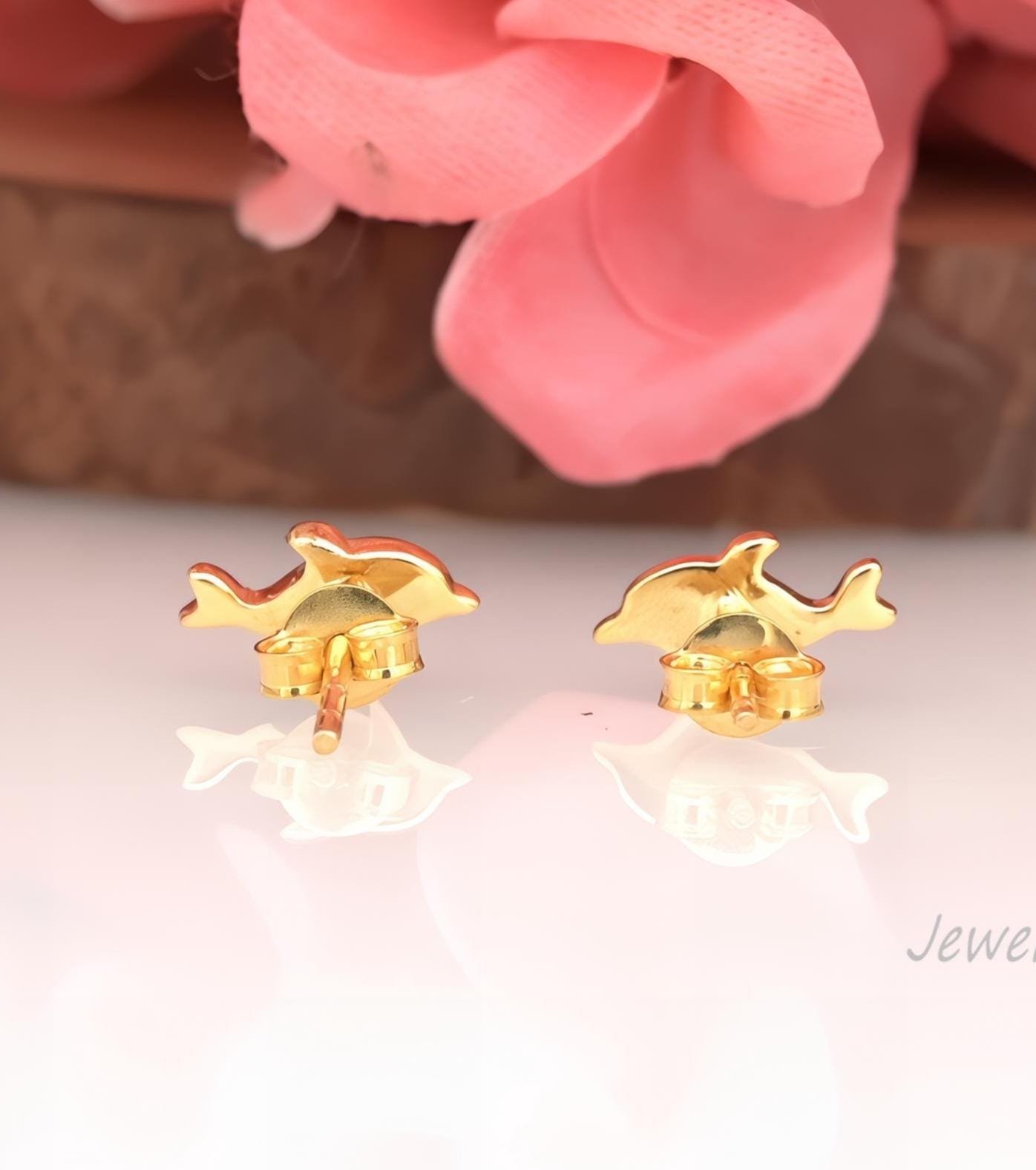Sterling Silver Dolphin Stud Earrings with CZ: Dainty Animal Studs - View 5 - Jewelry By Poonam | SKU: PJE1683-SLYGBCZ-10M 2/ Sterling Silver Dolphin Stud Earrings with CZ: Dainty Animal Studs - View 5 - Jewelry By Poonam | SKU: PJE1683-SLYGBCZ-10M 2/