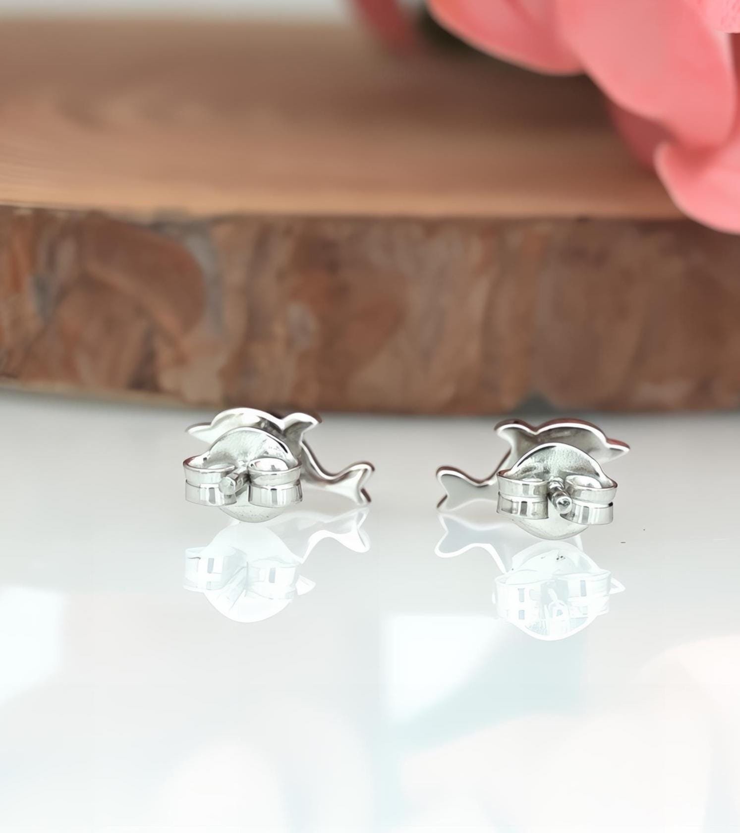 Sterling Silver Dolphin Stud Earrings with CZ: Dainty Animal Studs - View 6 - Jewelry By Poonam | SKU: PJE1683-SLYGBCZ-10M 2/ Sterling Silver Dolphin Stud Earrings with CZ: Dainty Animal Studs - View 6 - Jewelry By Poonam | SKU: PJE1683-SLYGBCZ-10M 2/
