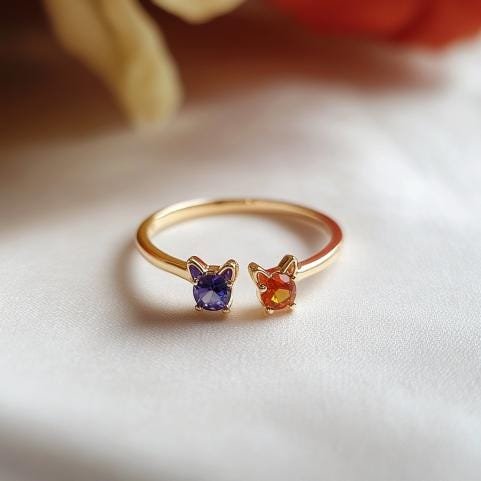 Sterling Silver Duo Pet Birthstone Ring: Custom Engraved Paw - Jewelry By Poonam | SKU: PJR3175 Sterling Silver Duo Pet Birthstone Ring: Custom Engraved Paw - Jewelry By Poonam | SKU: PJR3175