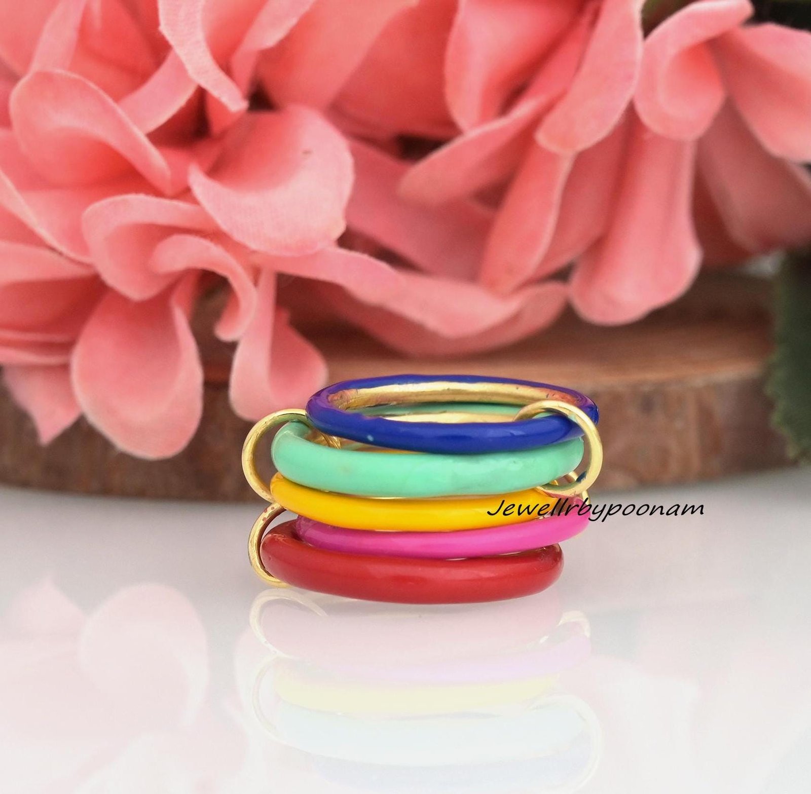 Sterling Silver Enamel Band Ring, Gold-Plated Stacking Ring, Colorful Fashion Accessory - Jewelry By Poonam | SKU: PJR2779- S Sterling Silver Enamel Band Ring, Gold-Plated Stacking Ring, Colorful Fashion Accessory - Jewelry By Poonam | SKU: PJR2779- S